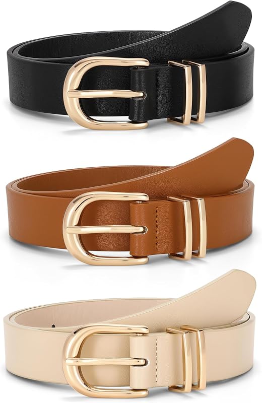 3 Pack Women Leather Belts For Jeans Dresses Pants Ladies Faux Leather Waist Belt with Gold Buckle