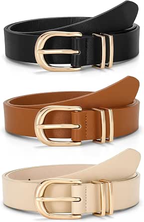 3-Pack Women's Leather Belts With Gold Buckles - Fashion Belts For Jeans & Pants