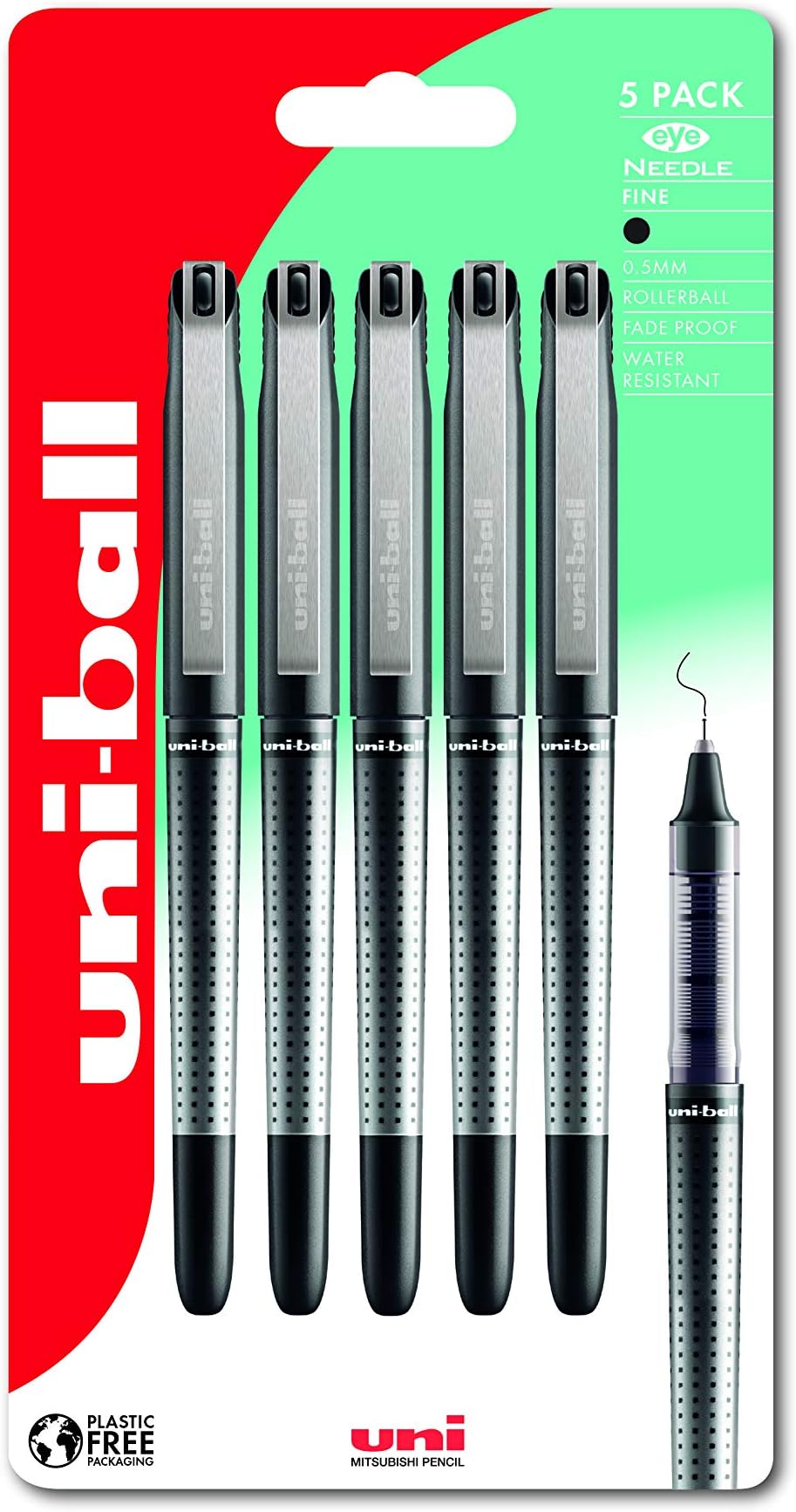 Eye UB-185S Needle Black Rollerball Pens. Micro 0.5mm Ballpoint Tip for Super Smooth Writing, Drawing, Art, Crafts and Colouring. Fade and Water Resistant Liquid Uni Super Ink. 5 Pack