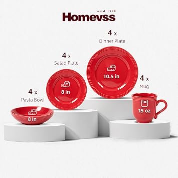 HomeVss, Pearl Dots Stoneware Dinnerware Set(16pc Set, Red)