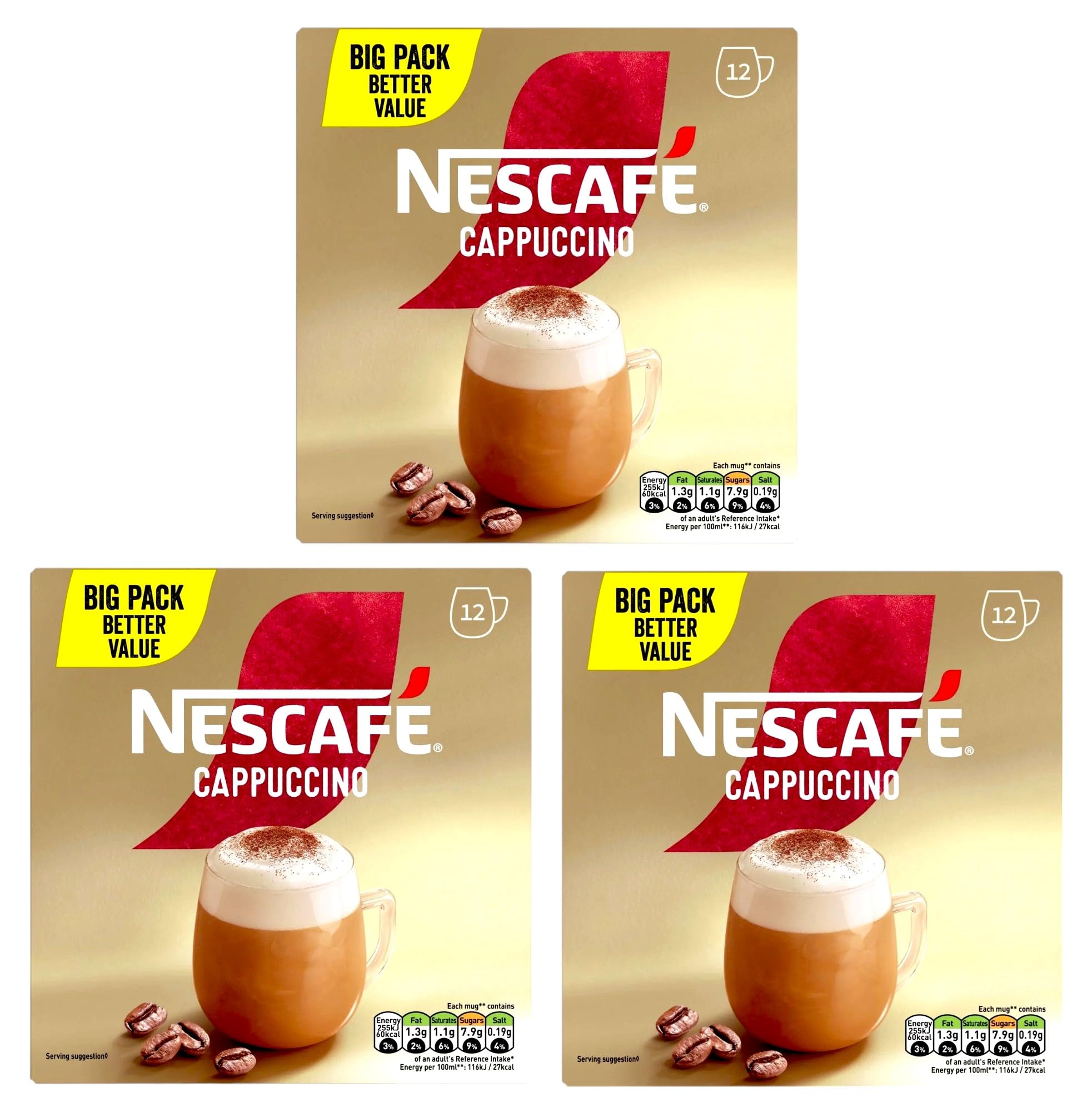 Cappuccino x12 Instant Coffee Sachets (Pack of 3, Total 36 Sachets)