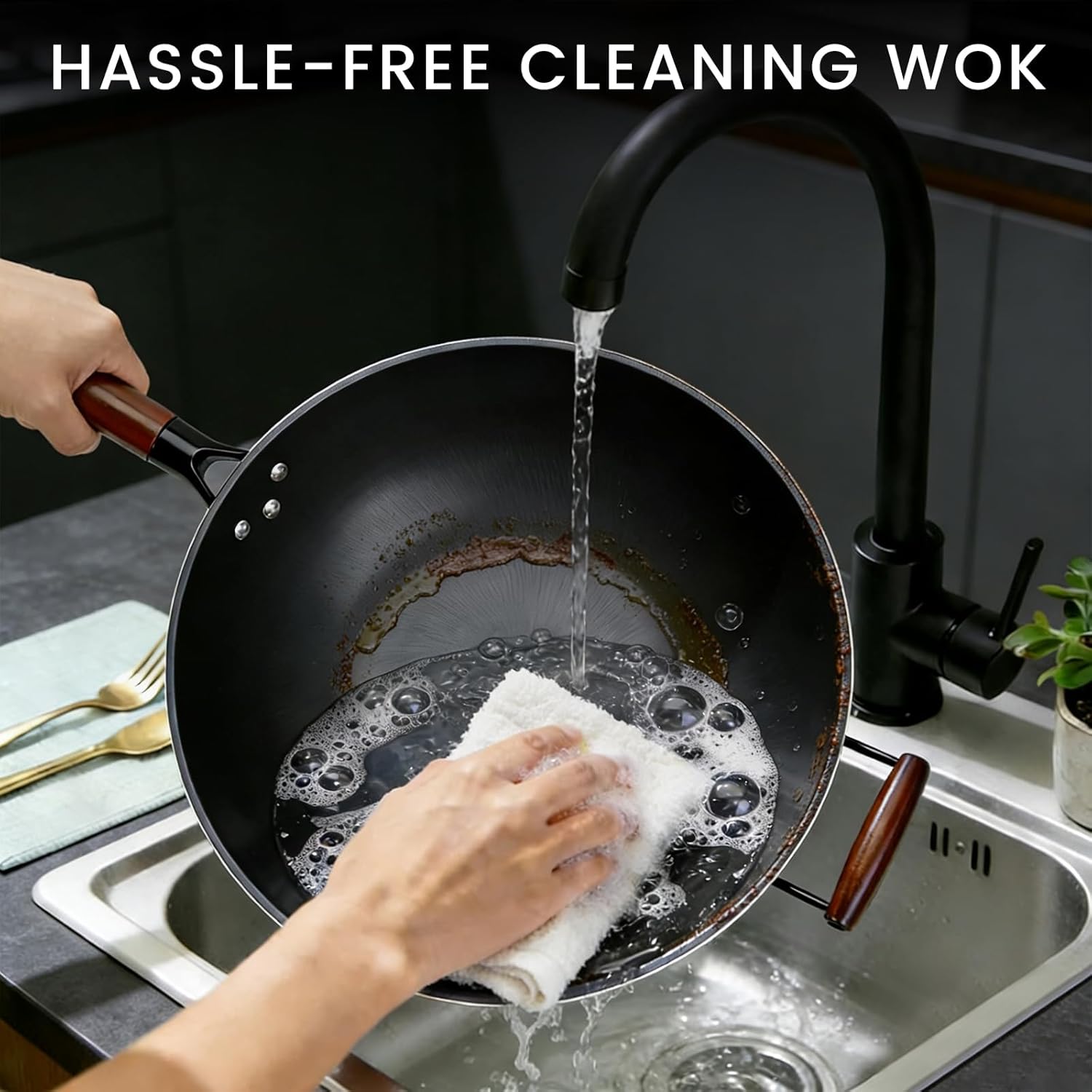 Carbon Steel Wok - 12.99" Woks & Stir-Fry Pans Nonstick, Wok with Lid, Fast Heat Conduction, Uniform Heat Conduction Flat Bottom Woks, Professional Chef Cookware