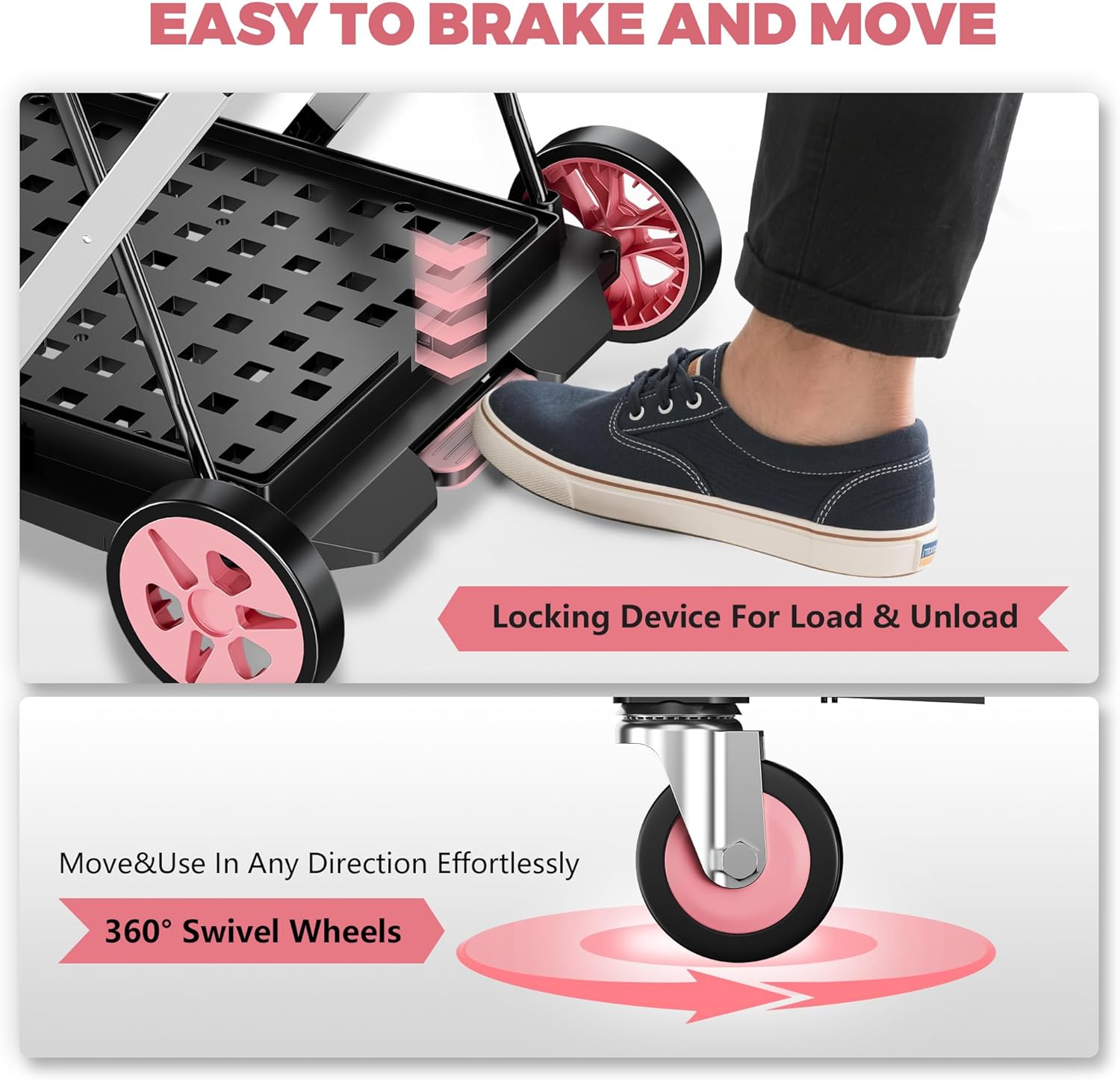 Collapsible Shopping Cart with Wheels, 8-in-1 200LBS Multi Functional Utility Cart with 2 Storage Crate, Grocery Cart with Adjustable Handle, Foot Brake for Shopping/Warehouse/Office/Supermarket-Pink