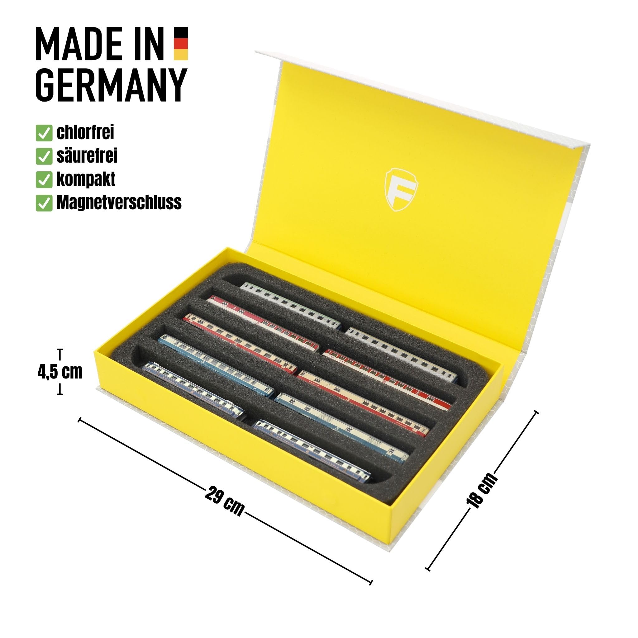 Feldherr Magnetbox gelb für Modelleisenbahnen, Loks und Fahrzeuge - 5 Stege für Spur Z - liegend