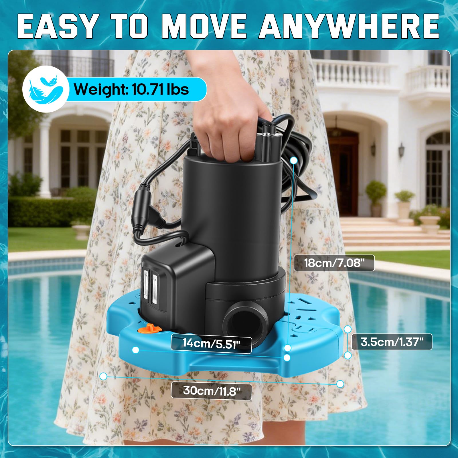 Bomba de agua automática de 1/3 HP, bomba de sumidero sumergible de 3035 GPH con red de filtro, cable de alimentación de 25 pies y válvula de retención, eliminación de agua