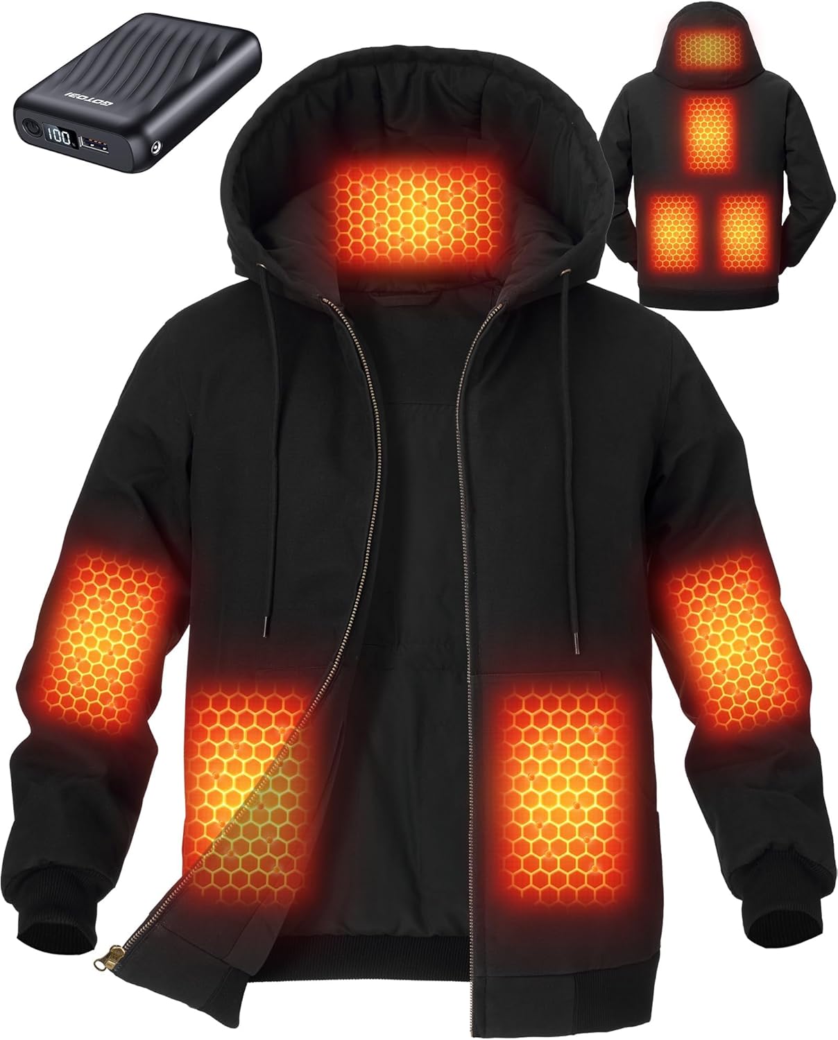 Graphene Heated Jackets for Men with 12V 18400mAh Battery Pack, Uniform Warm Canvas Hooded Coat for Winter Outdoor
