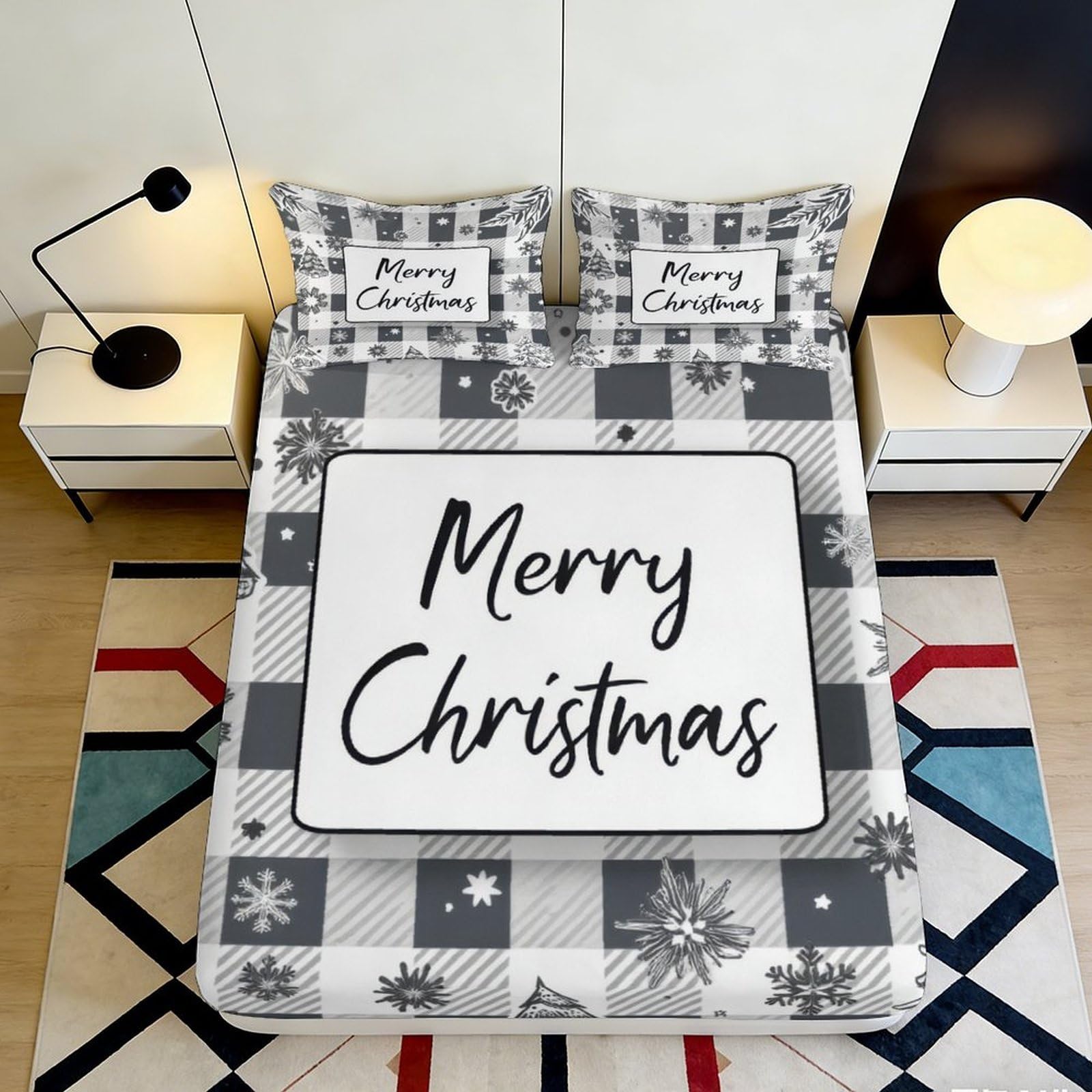 3D Printed Merry Christmas Fitted Sheet Microfiber Soft Breathable Snowflake Bed Cover for Bedroom Dormitory Guest Room Mattress Protection Decor 160x200x25cm