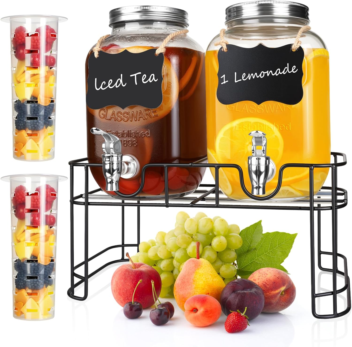 1 Gallon Glass Beverage Dispenser Jars, Ice Juice Dispenser with Leak Proof Faucet and Metal Stand for Parties & Wedding (2 Pack Jars）
