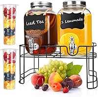 JFBAOLAO 1 Gallon Glass Beverage Dispensers with Ice Cylinder, Leak-Proof Faucet & Metal Stand - 2 Pack for Parties Weddings