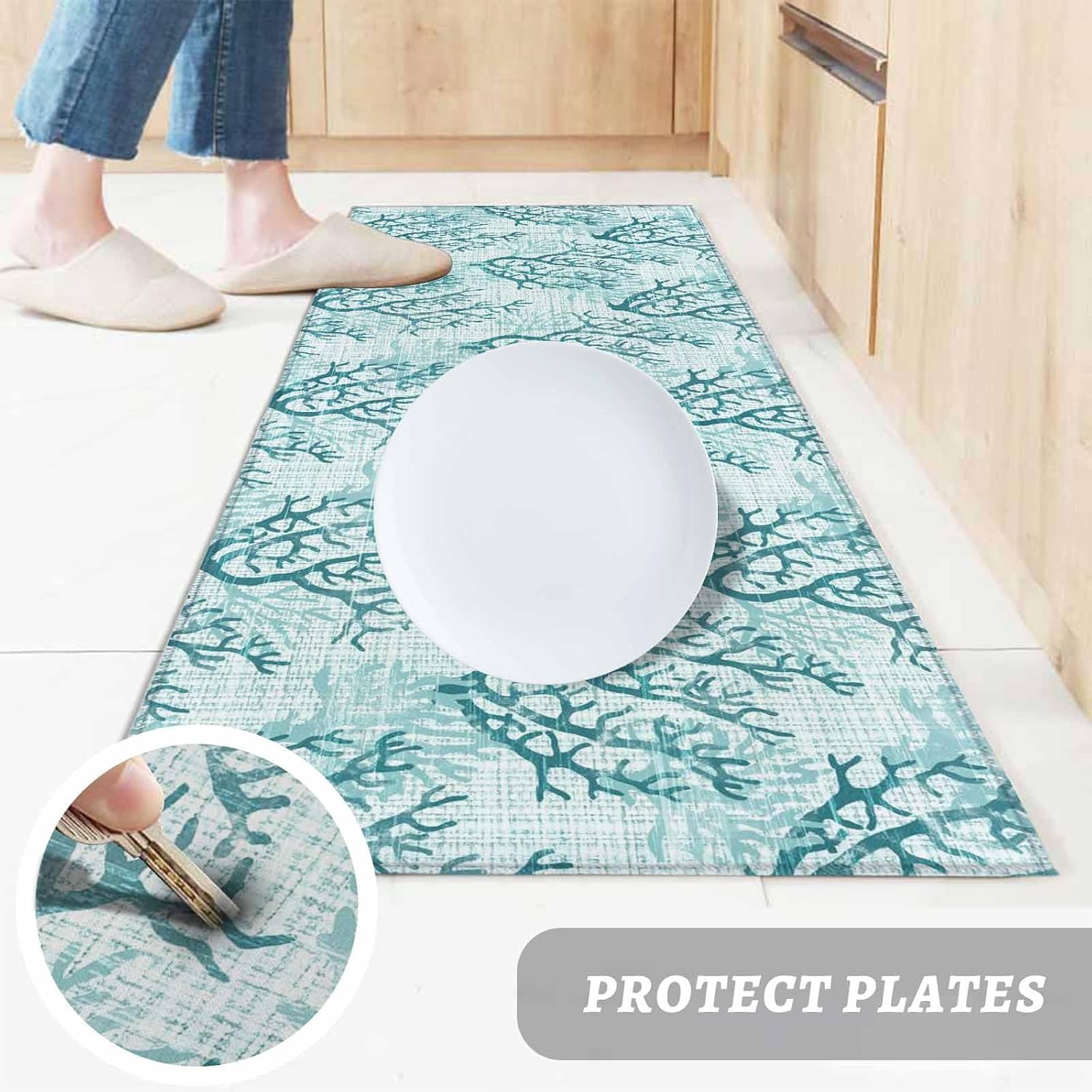 Teamery Kitchen Mats for Floor Coastal Sea Coral Retro Linen Washable Non Slip Kitchen Rugs 1PCS, Underwater Ocean Life Absorbent Standing Mats for Sink Bathroom Office Living Room 15.7x47.2in