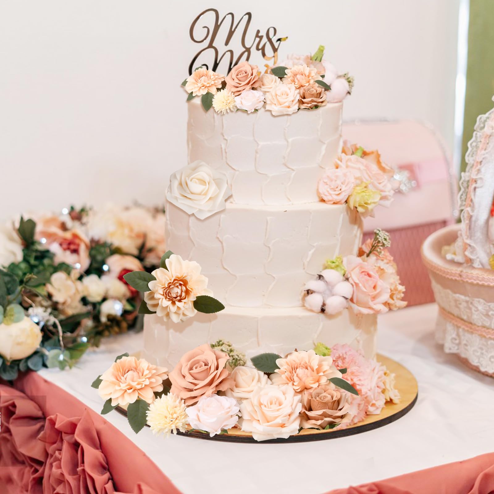 Artificial Flowers Combo, Mix Silk Flowers Dahlia Roses, Faux Flower Head with Stems, Fake Flowers Roes Combo - Image 2