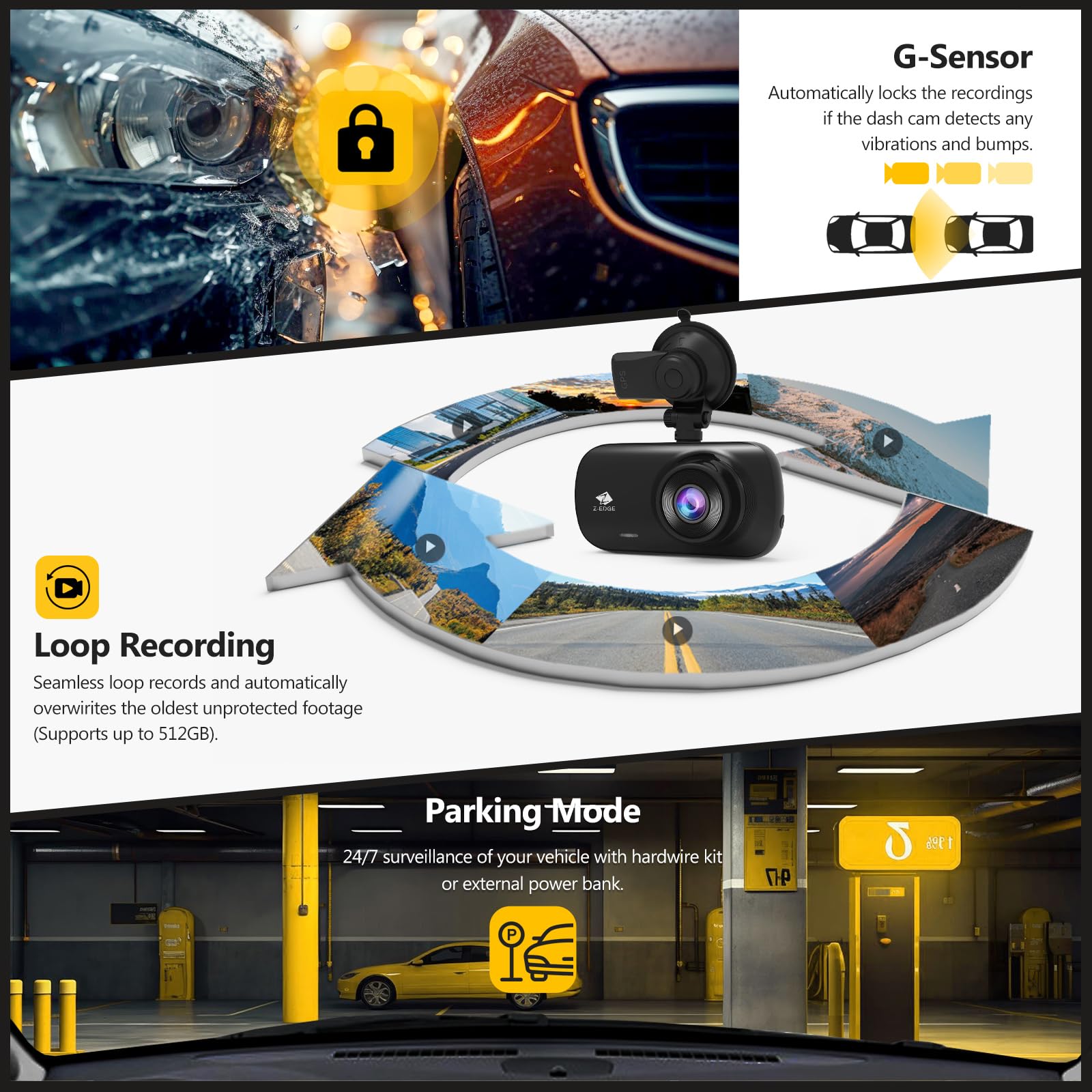 【KAMEREONページです】 Amazon.com: Z-Edge Z3D 4K Front and Rear Dash Cam with WiFi