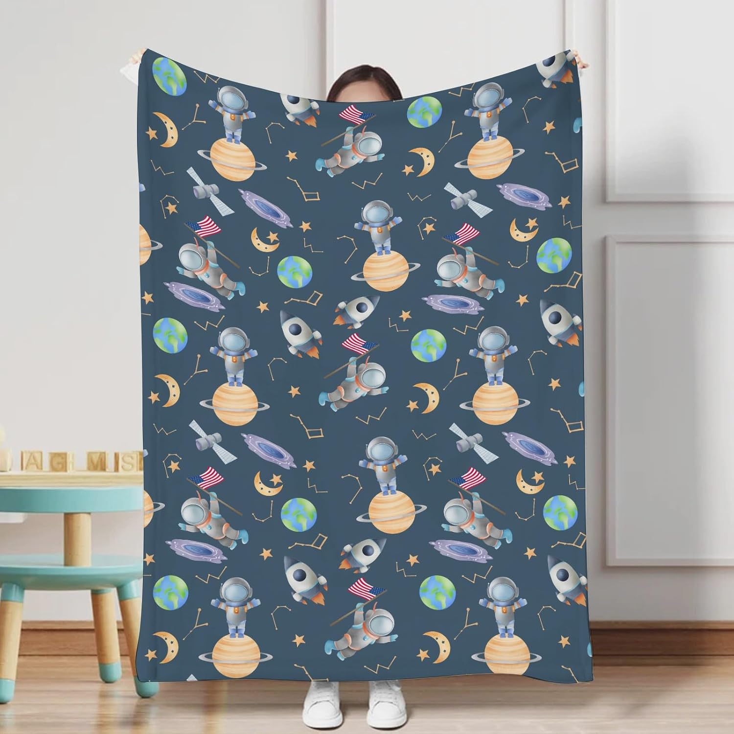 Cartoon Outer Space Galaxy Ship Astronaut Baby Blanket for Boy Girl Spaceman Moon Stars Flannel Swaddle Blanket Soft Receiving Blankets Kids Toddler Newborn Daycare Infant Bed Crib Blanket 50x60