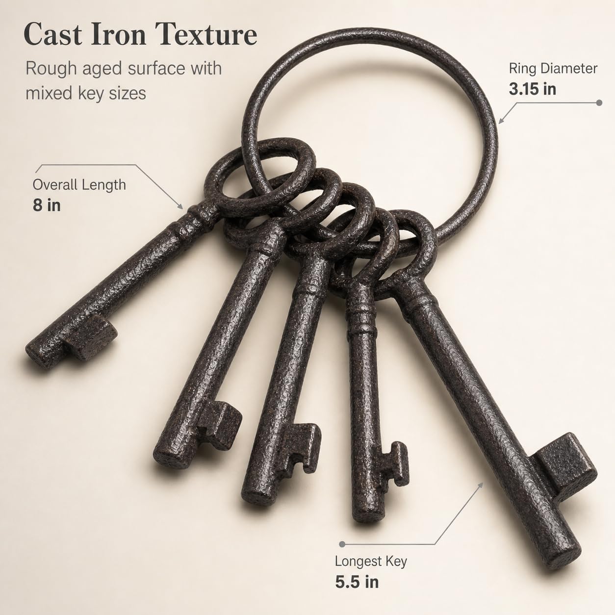 QWORK 8" Vintage Cast Iron Skeleton Key Ring Set - Authentic Antique Style Keys for Pirate & Wild West Themes, Decorative Home & Halloween Décor image 2