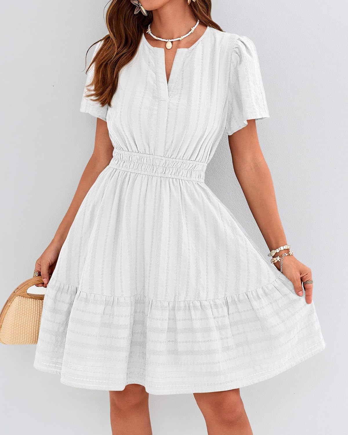 BTFBM Womens Spring 2026 Casual Mini Dresses Lightweight Short Sleeve V Neck Elastic Waist Cute Boho Beach Dress Pockets - Image 2