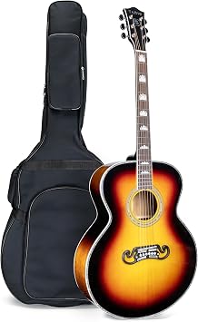 All Solid Wood Jumbo Acoustic Guitar 42", Solid Spruce Top & Solid Mahogany Back and Sides, Rosewood Fingerboard & Bridge, Abalone Inlays, Bone Nut & Saddle, Chrome Sealed Tuners, Sunburst Finish