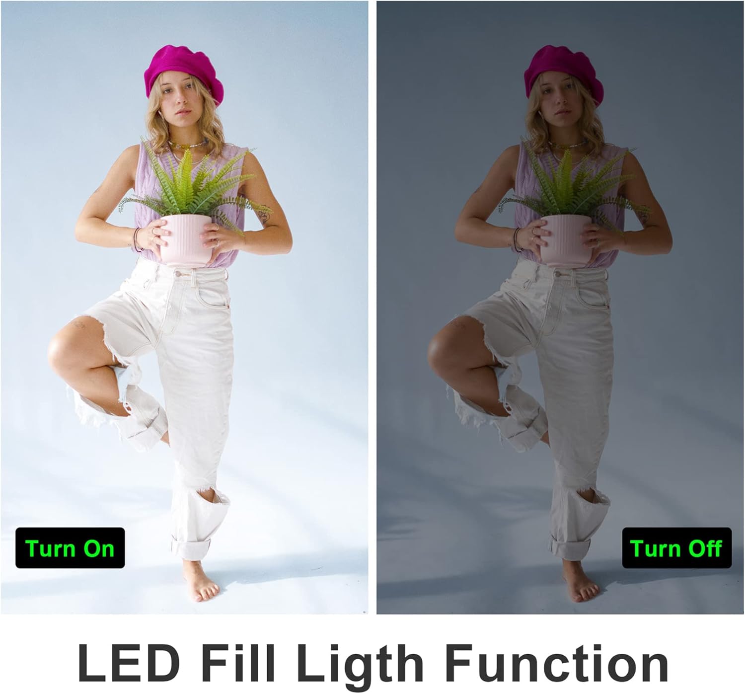 Comparison image showing a scene with the LED fill light turned off (darker) and turned on (brighter), demonstrating its function.