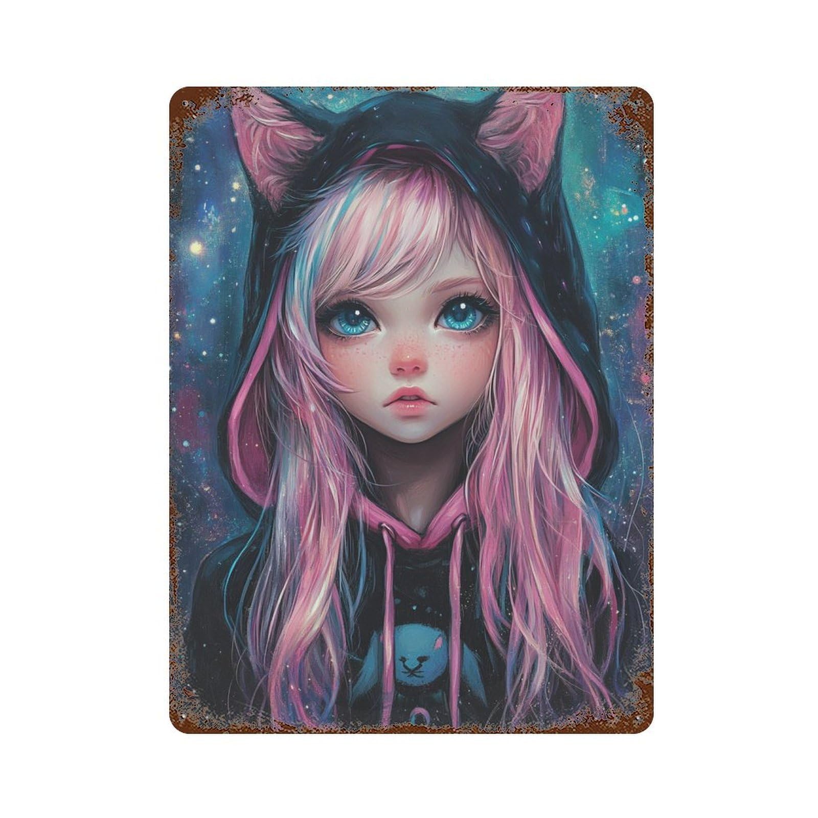 Galactic Cat Hoodie Fashion Aged Metal Wall Plaque 15.7"x11.8", for Office, Studio And Wall Decor, Novelty Wall Decor