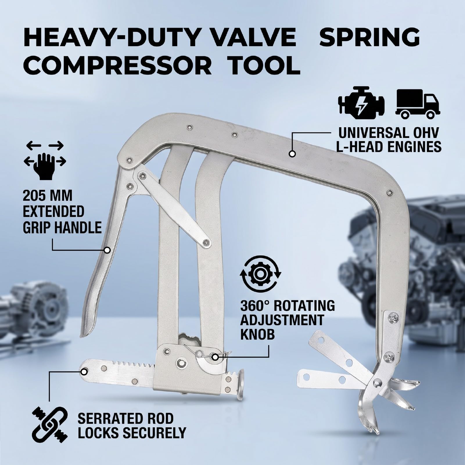 AMONIDA Compressore Molla Valvola 10 Pollici Acciaio Carbonio 50 | Compatibile con motori a valvole in testa, profondità della gola di 255 mm, impugnatura da 205 mm, include morsetti offset
