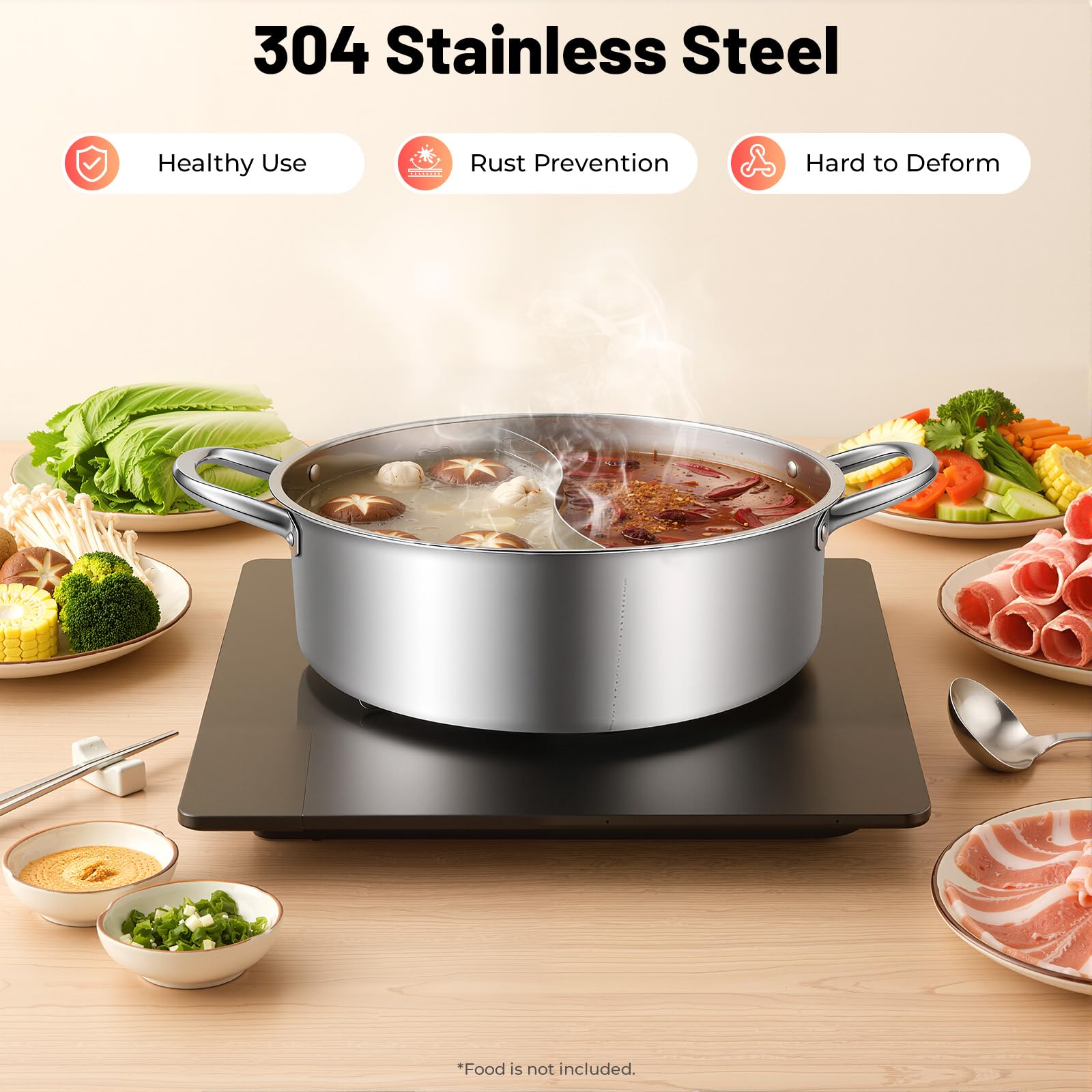 Hot Pot - Pentola calda con divisorio per mandarino, in acciaio inox, con 2 mestoli, per casa, feste, riunioni di famiglia