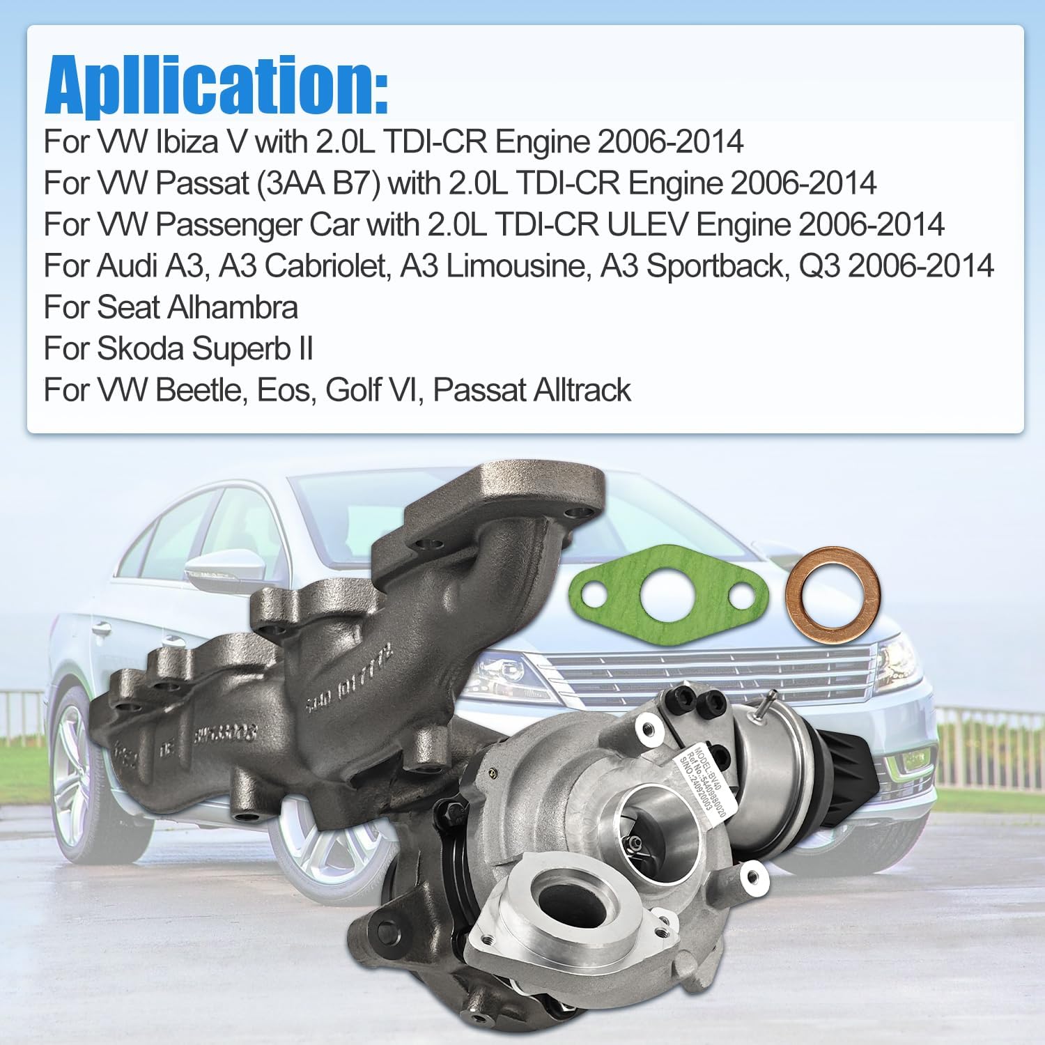 03L253010J Turbo Turbocharger Compatible with VW Passat Lbiza/Passenger 2.0TDI for Audi A3 Cabriolet Limousine Sportback For Q3 2.0L 2006-2014 Replace 54409880035