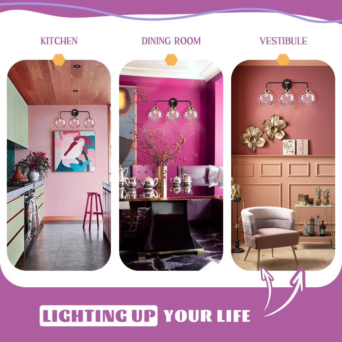 3-Lights Vintage Bathroom Vanity Light Fixture Pink Glass Globe Wall Sconce Hammer Glass Shade Modern Retro Vanity Lamp Bathroom Over Mirror Sconces for Hallway Living Room Stairwell