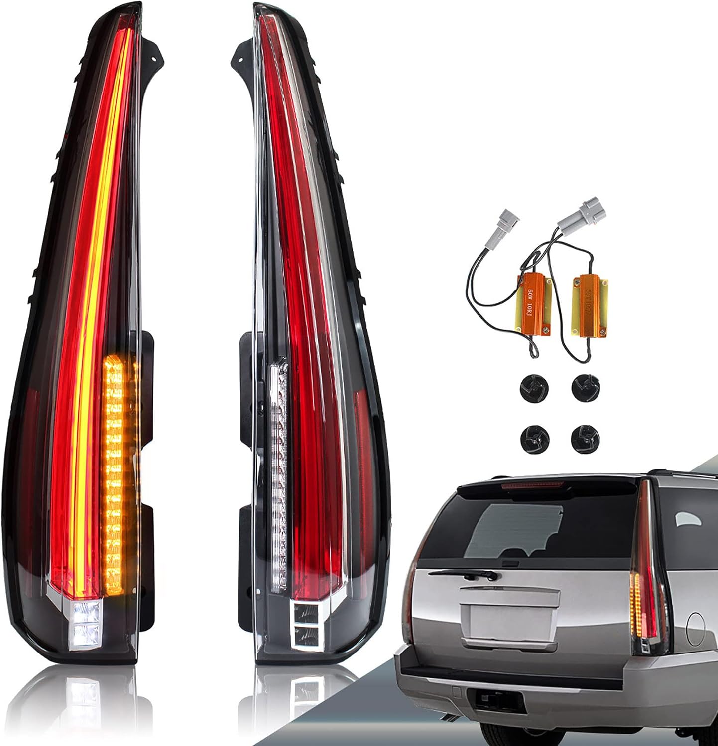 VLAND Led Tail Lights Compatible with Chevy Tahoe Suburban GMC Yukon 2007-2014, Full Led Rear Lamp Assembly w/Yellow Turn Signal, 5 Pins with 5 Holes Red Clear