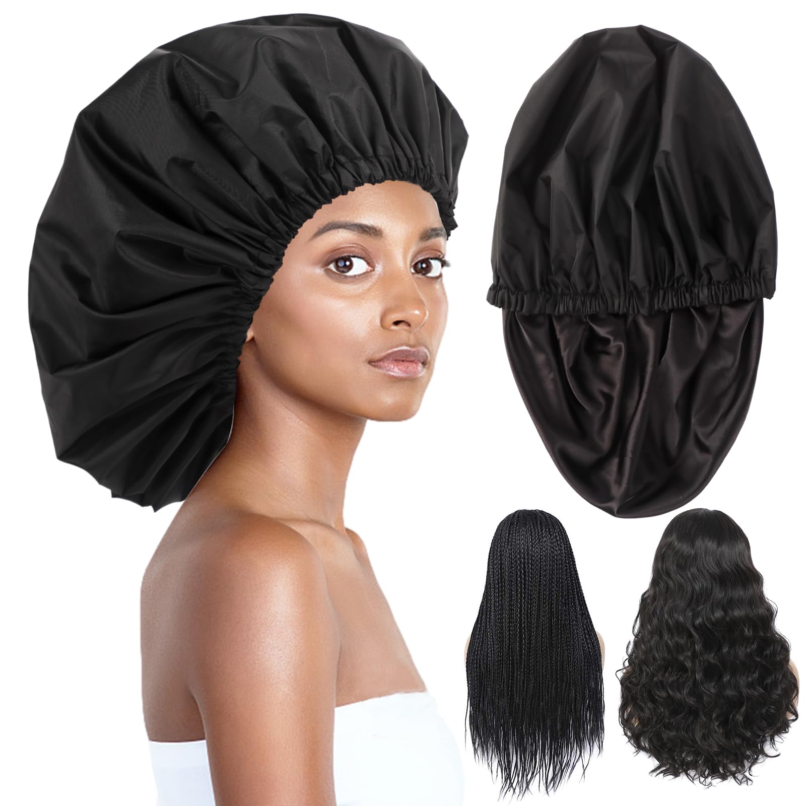 Adjustable Shower Caps for Women Reusable Waterproof Satin Lining Extra Large Shower Cap for Women and Men Long Hair Braids Curly Hair (Xl,Black)
