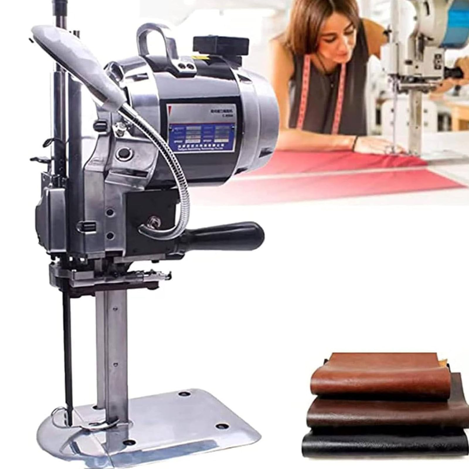 Máquina Cortadora Tela 1100 W,Máquina Cortadora Tela Eléctrica con Cuchillo Recto Vertical,con Luz LED Y Función Afilado Automático para Tela,Ropa,Papel Cuero,8inch
