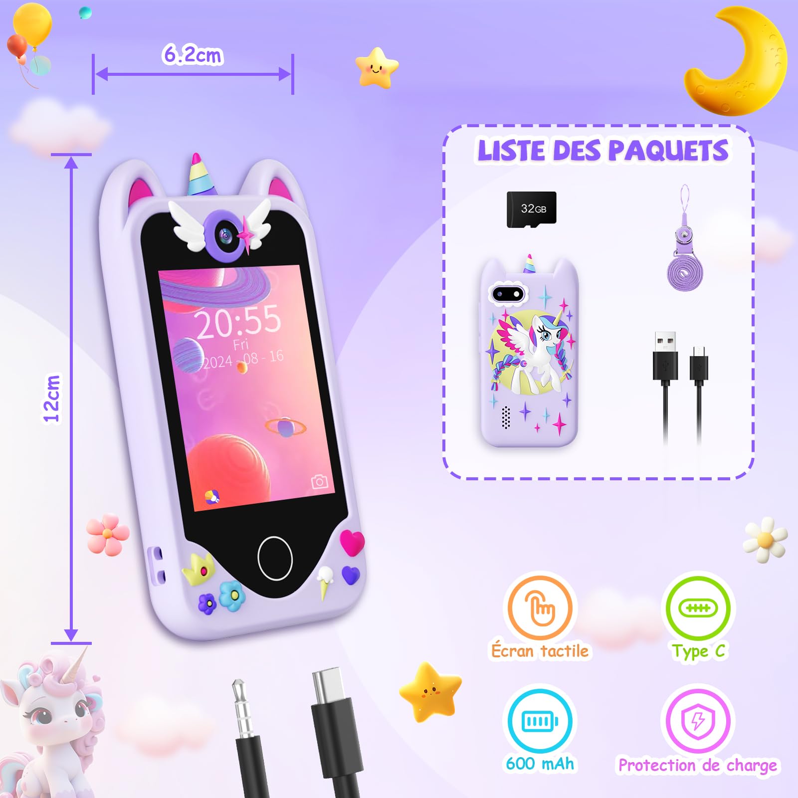 Telephone Portable Enfant Jouet - Téléphone pour Enfant avec écran Tactile, Caméras, Apprentissage Jouet, Jeux avec , Carte SD de 32 Go, Cadeau d'anniversaire pour Les Filles de 3, 4, 5 et 6 Ans