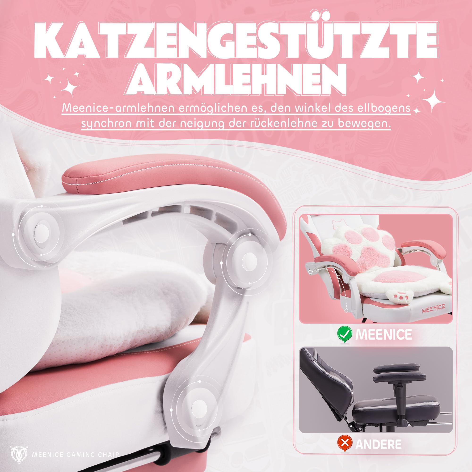 Pink Cute Katze Gaming Stuhl Stoff mit Katzenpfote Lendenkissen und Katzenohren, Gaming Stuhl mit Fußstütze Ergonomischer Pc Stuhl für Kinder Erwachsener Mädchen, 140kg Belastbarkeitfür, Rosa