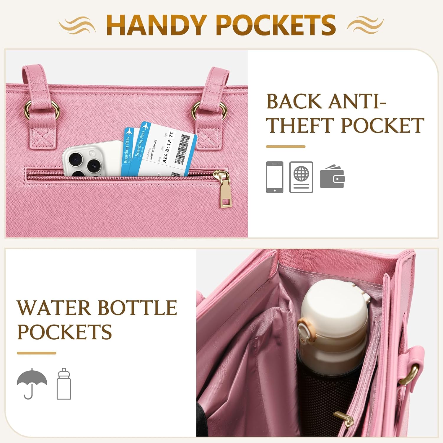 RAINSMORE Laptop Bag for Women 15.6 Inch Work Tote Bags Leather Laptop Tote Waterproof Computer Bag Professional Office Briefcase Large Handbag for College Teacher Travel, Pink - Image 7