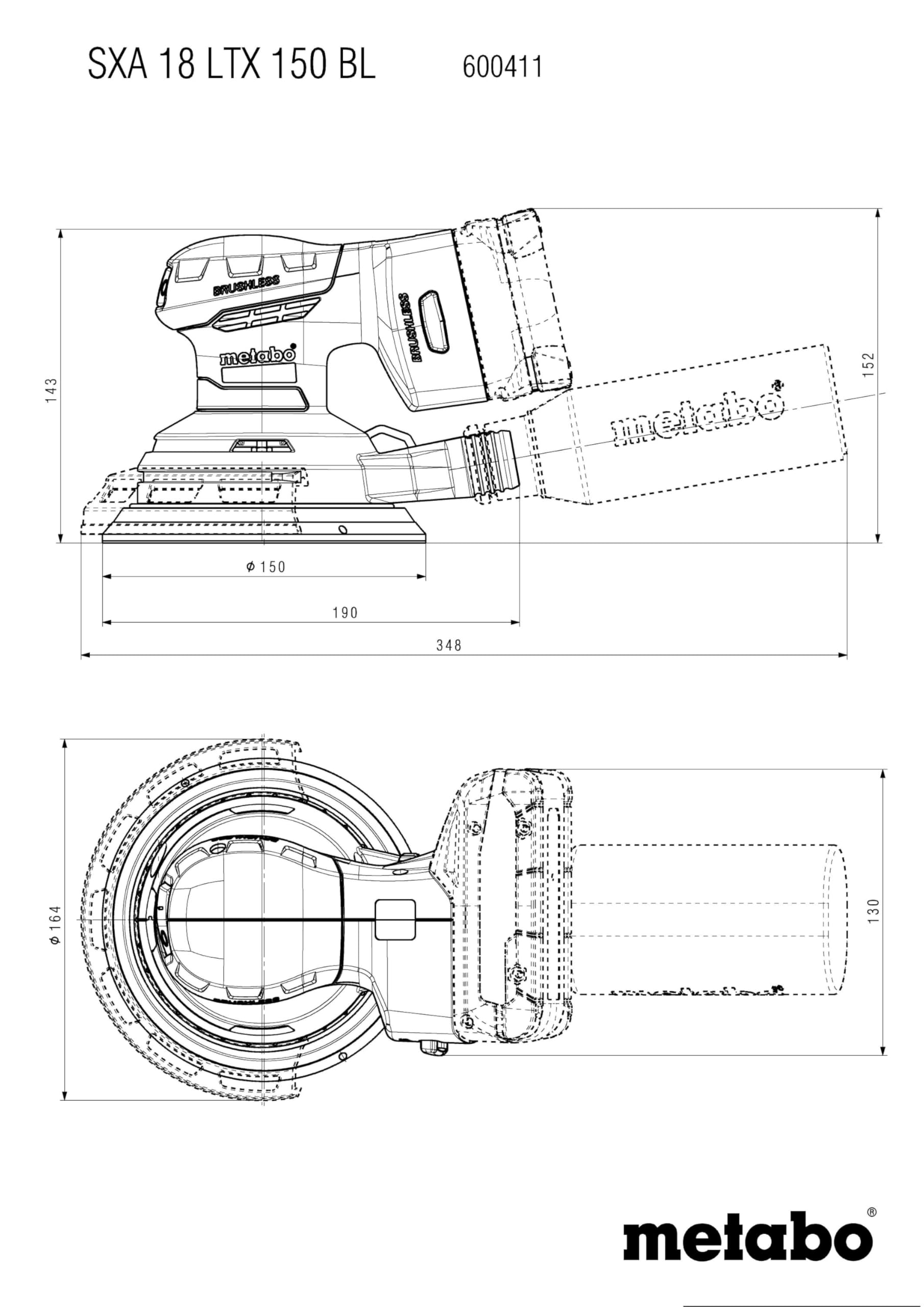 metabo Akumulatorowa szlifierka mimośrodowa SXA 18 LTX 150 BL – 18 V, 150 mm Ø talerza szlifierskiego – wiele otworów, regulacja prędkości obrotowej, miękki uchwyt, worek na kurz, niski poziom