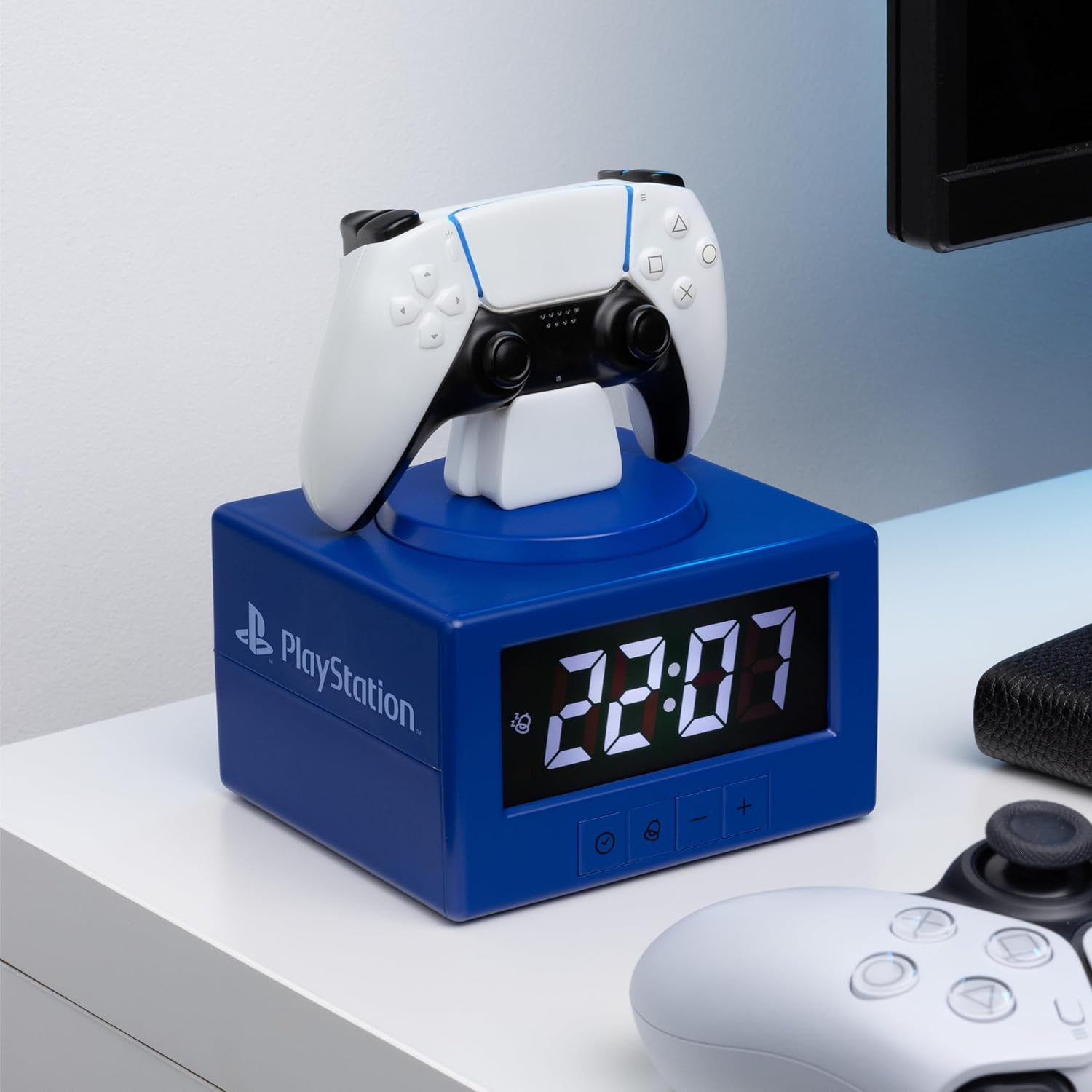Paladone PlayStation DualSense Controller Digital Alarm Clock with night light on