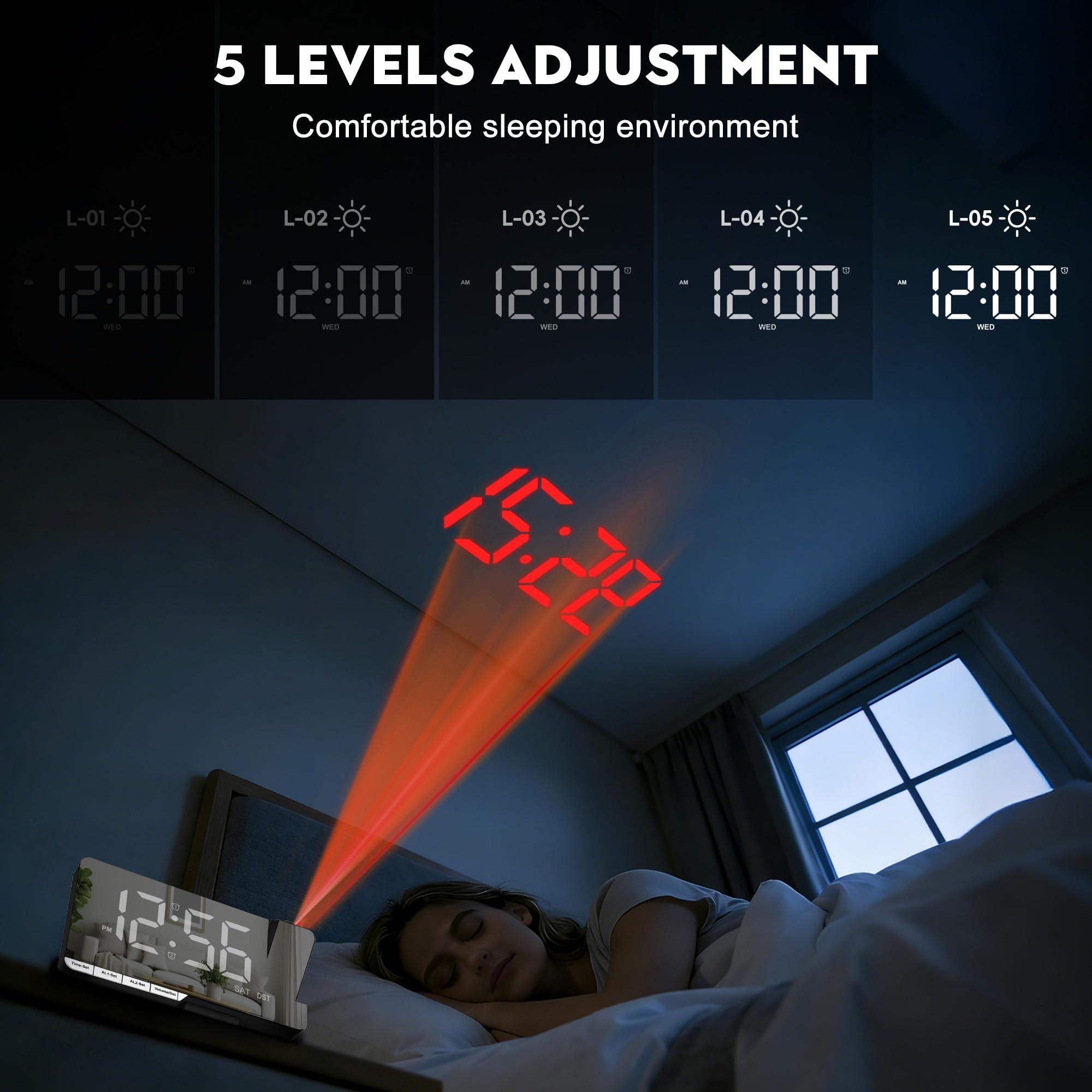 Amgico Reloj despertador de proyección, reloj digital con proyección, reloj de espejo de 7.3 pulgadas con proyector giratorio de 180°, alarma dual con 3 modos, ajuste brillante, DST, repetición