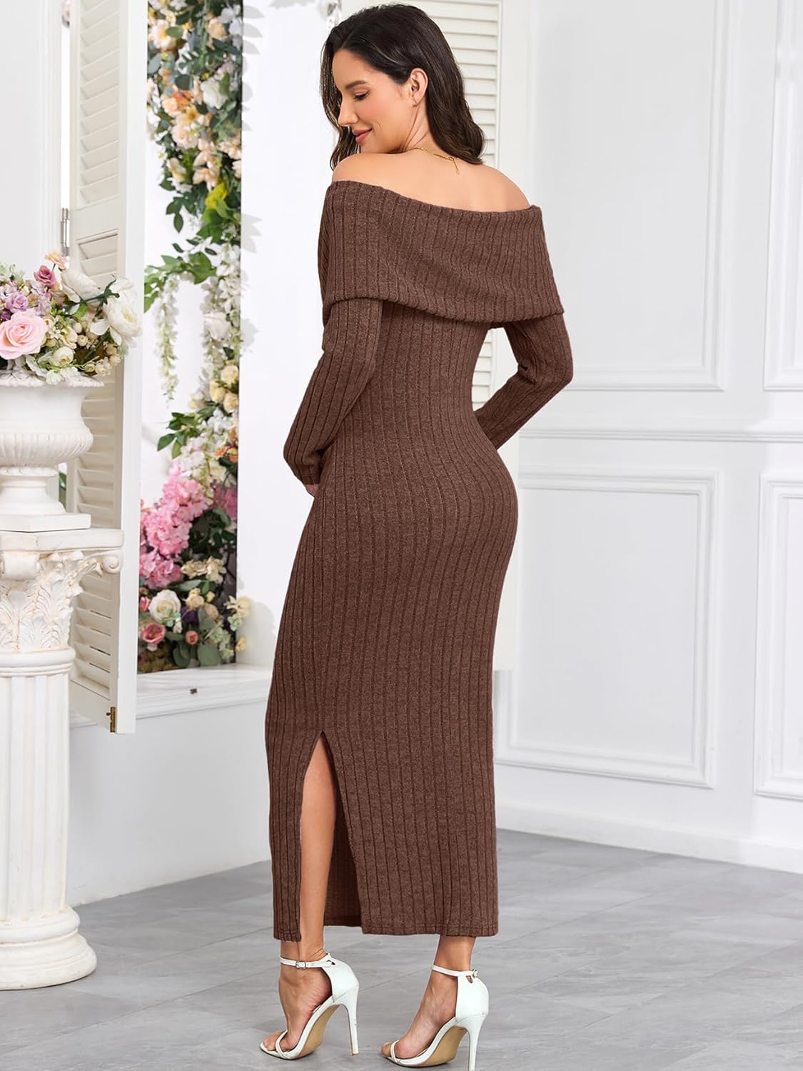 AISWI Maternity Sweater Dress Off The Shoulder Rib Knit Long Sleeve Dresses with Side Slit for Pregnancy Baby Shower