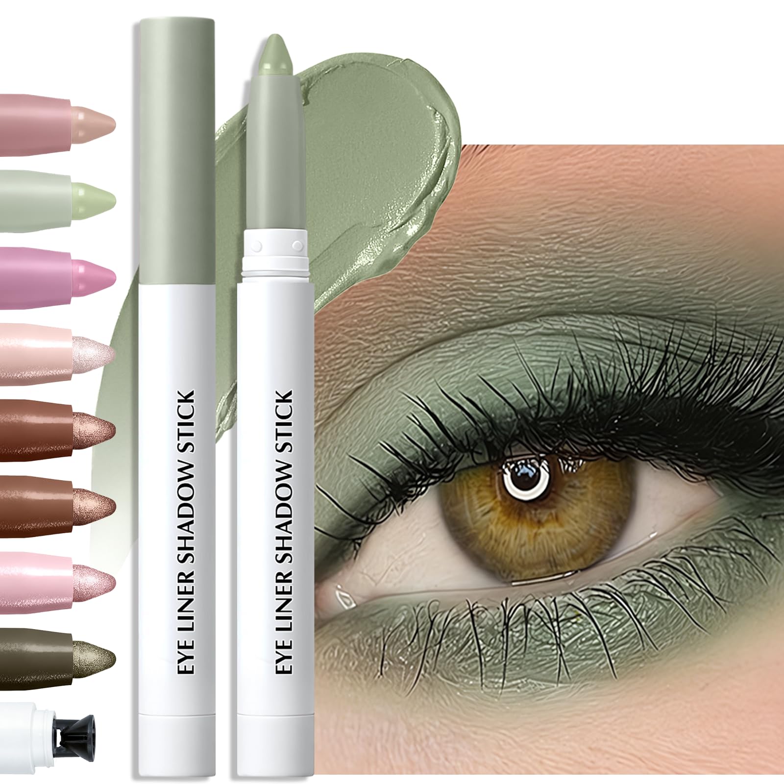 Cream Eyeshadow Stick for Older Women, Matte Green Eyeliner Pencil with Built-In Sharpener, Crease-Proof & Long Lasting, Precise Tip for Easy Application, Smudge-Proof Eye Makeup #2 Green