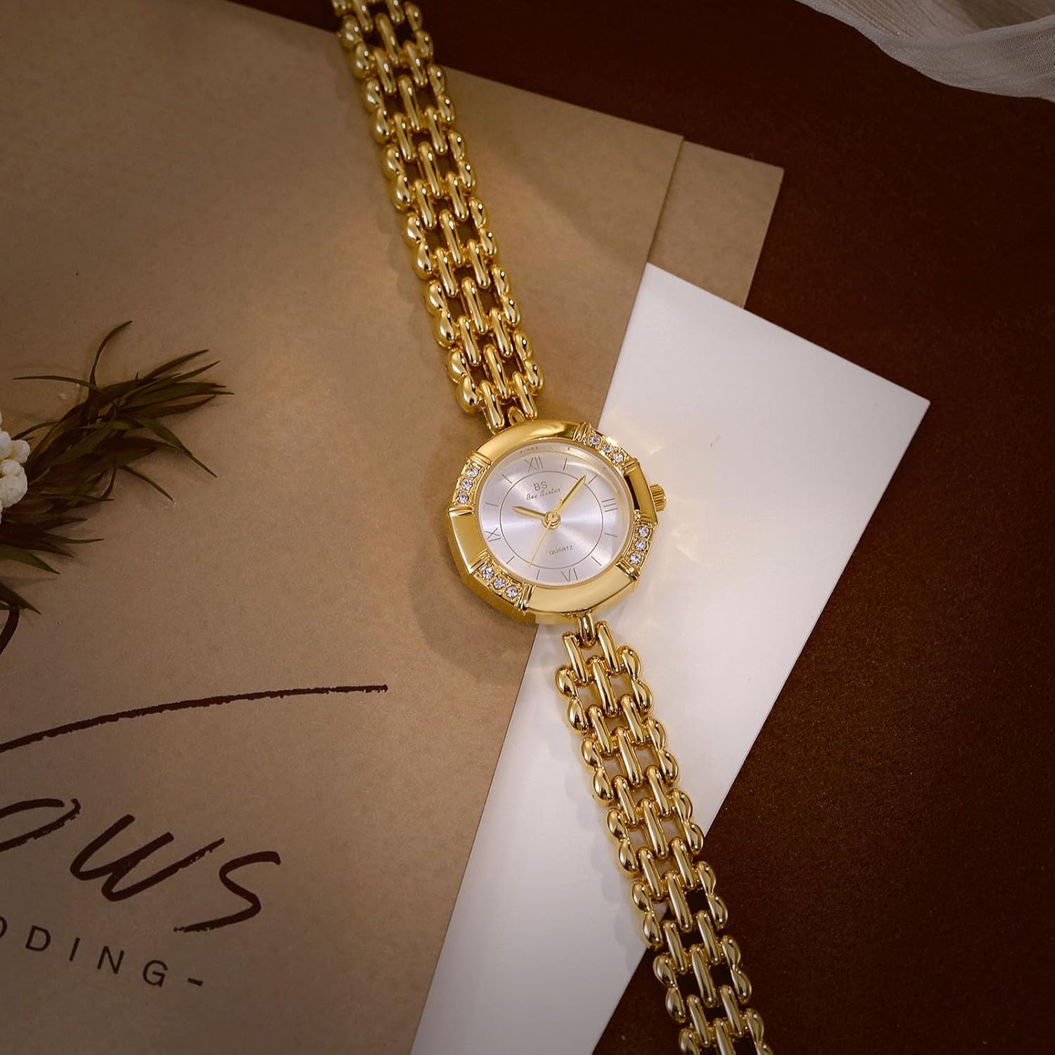 Petite Ladies Gold Watch Roman Numeral Dial, Waterproof Quartz Dress Watches, Stainless Steel Bracelet Wristwatch for Women