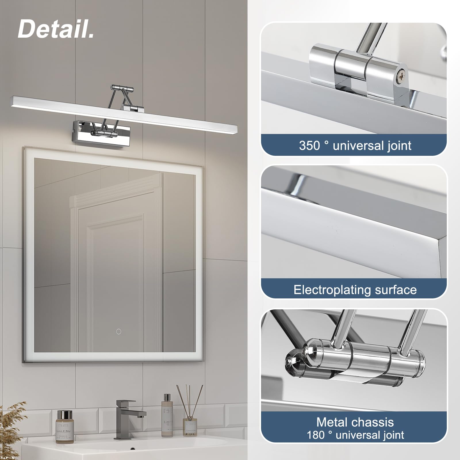 LED lampada a specchio per bagno 60 cm, lampade a specchio rotanti per bagno IP44, luce a specchio per bagno 18W 1440 LM, luci a LED per specchio per bagno, bianco neutro 4000K, cromo
