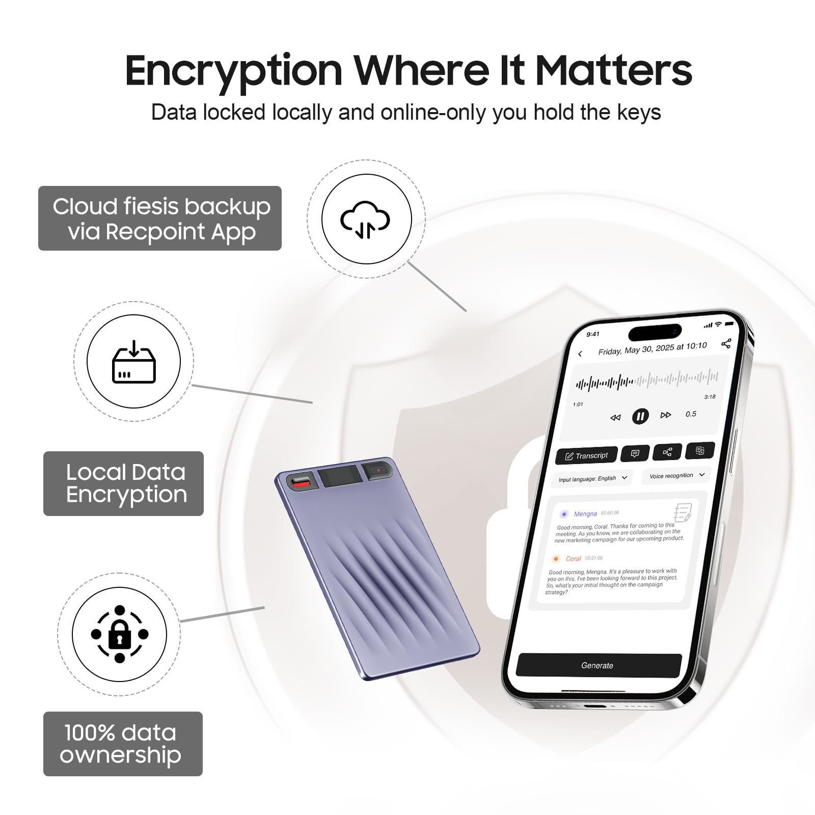 AI Voice Recorder, AI Note Taker w/APP Control and Transkription & Summarize, 150 Sprachen, Noise Cancellation, 64GB Speicher, Pocket Note Pro Taking Device for Meeting, Interviews & Calls