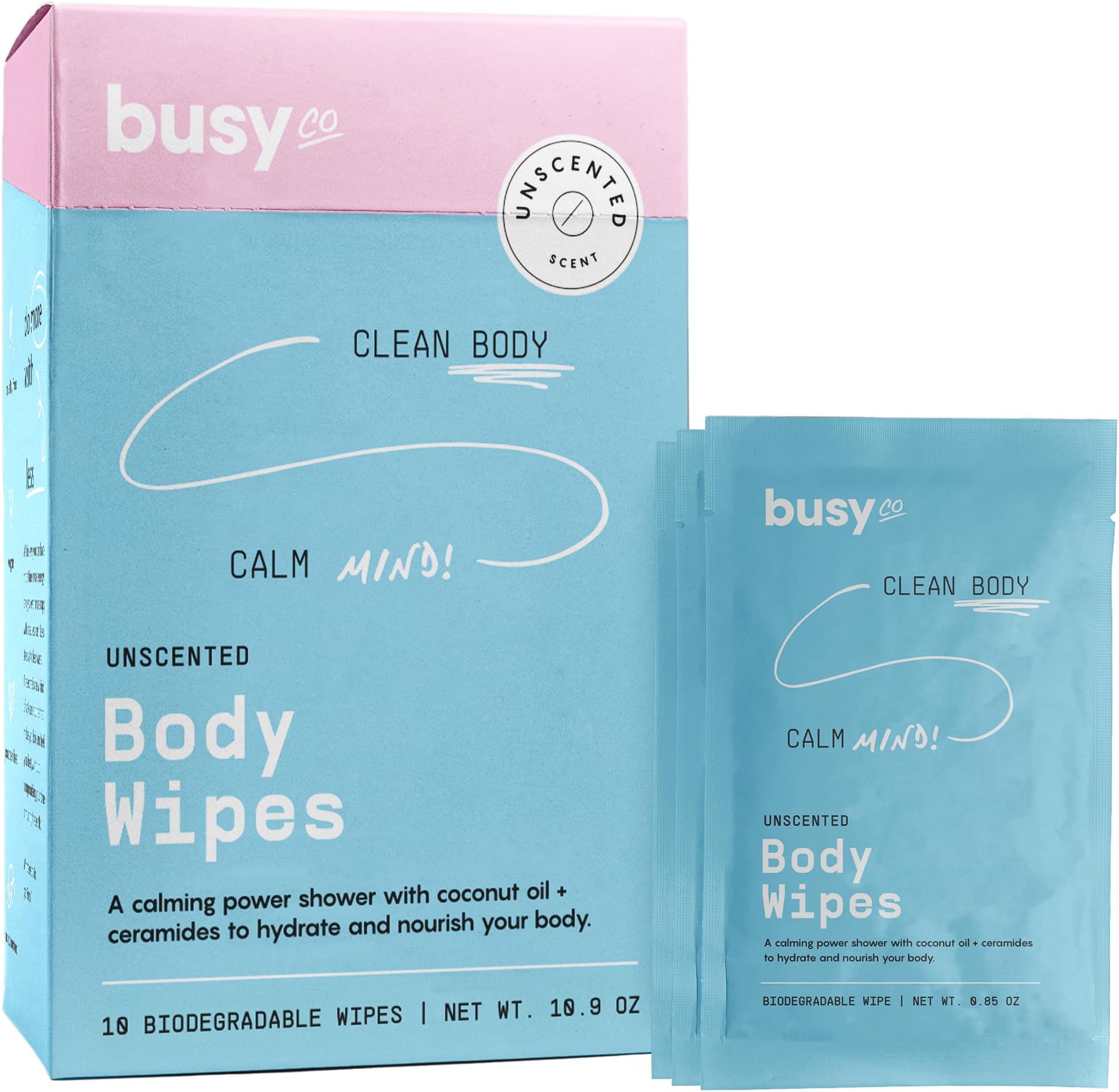 BUSYCO Calm Line Body Wipes for Women - Unscented Large Wash Wipes With Ceramides & Coconut Oil - Zero-Waste Cleansing, No Rinse Bathing for Adults - 10 ct