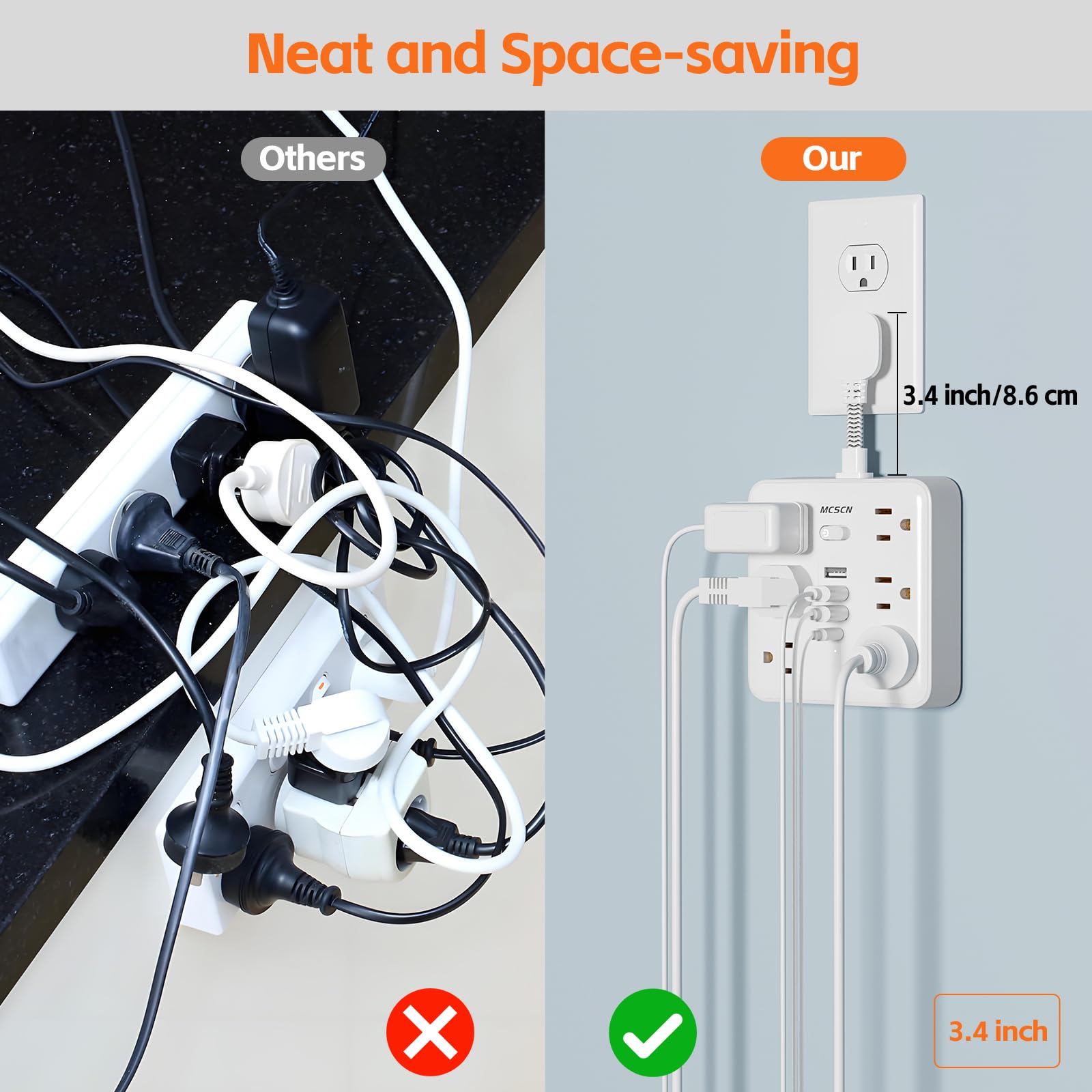 Enchufe plano portátil delgado y delgado, protector de sobrecarga, regleta de alimentación con 6 salidas de CA, 4 USB (1C) para el hogar, oficina, dormitorio, viajes, artículos esenciales