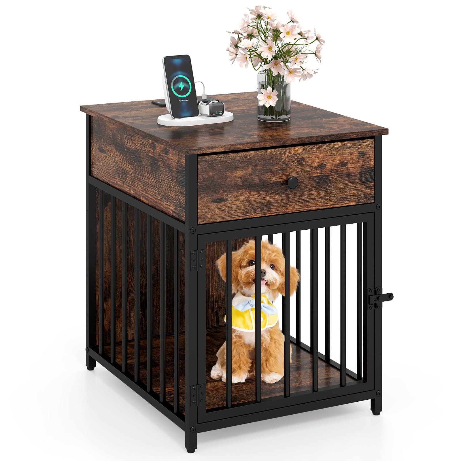 GYMAX Cage Polyvalente pour Chiens avec Station de Charge, Niche en Bois avec Tiroir et Porte Verrouillable, 2 Prises AC, 2 Ports USB, 1 Port Type-C, Meuble d'Intérieur pour Petits Chiens