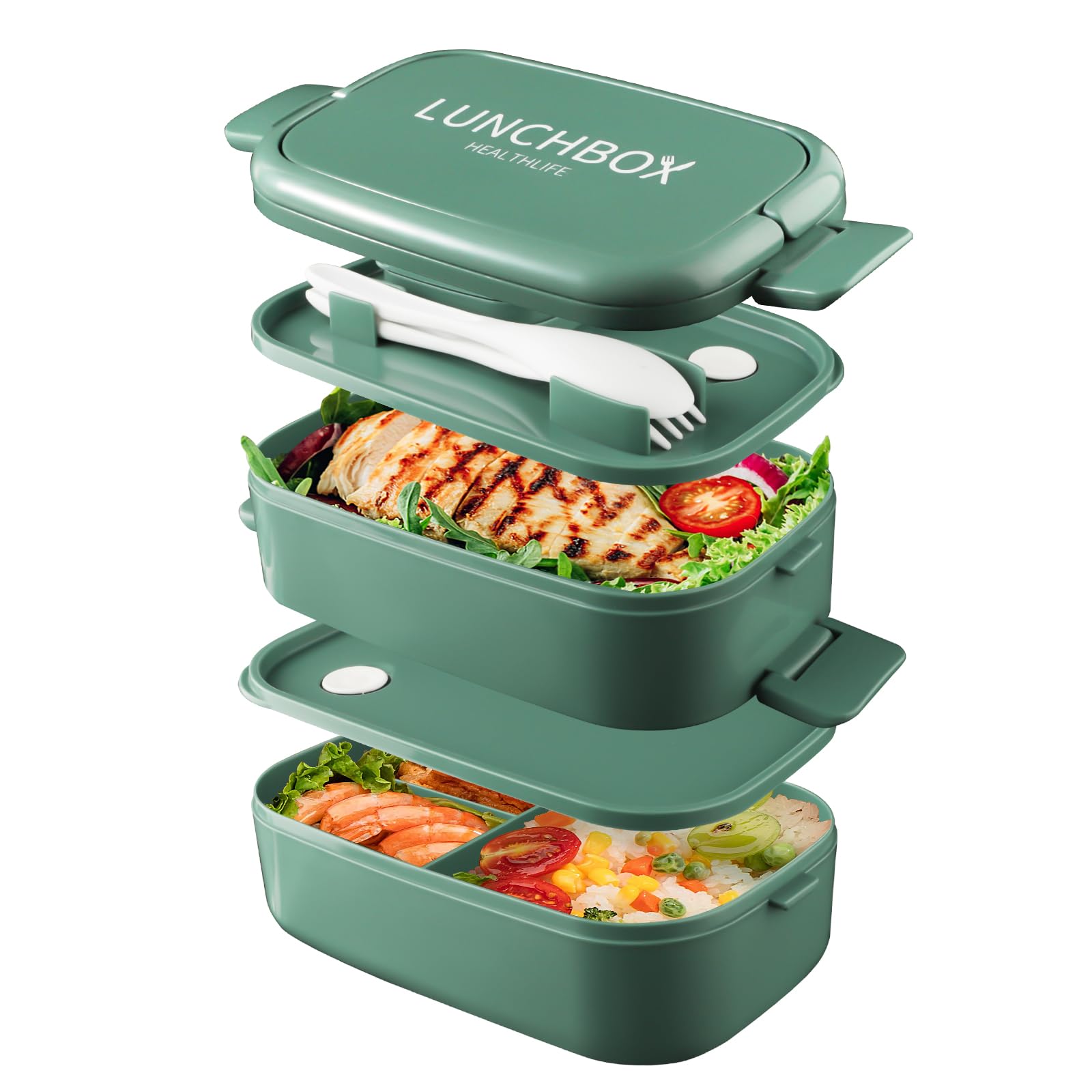 Beeptrum Bento Lunch Box Stackable,1500ml Containers with 4 Compartments and Cutlery, Leakproof 2 Layer Boxes, for Adults Kids Office, Microwave Dishwasher Safe (Pure Green)