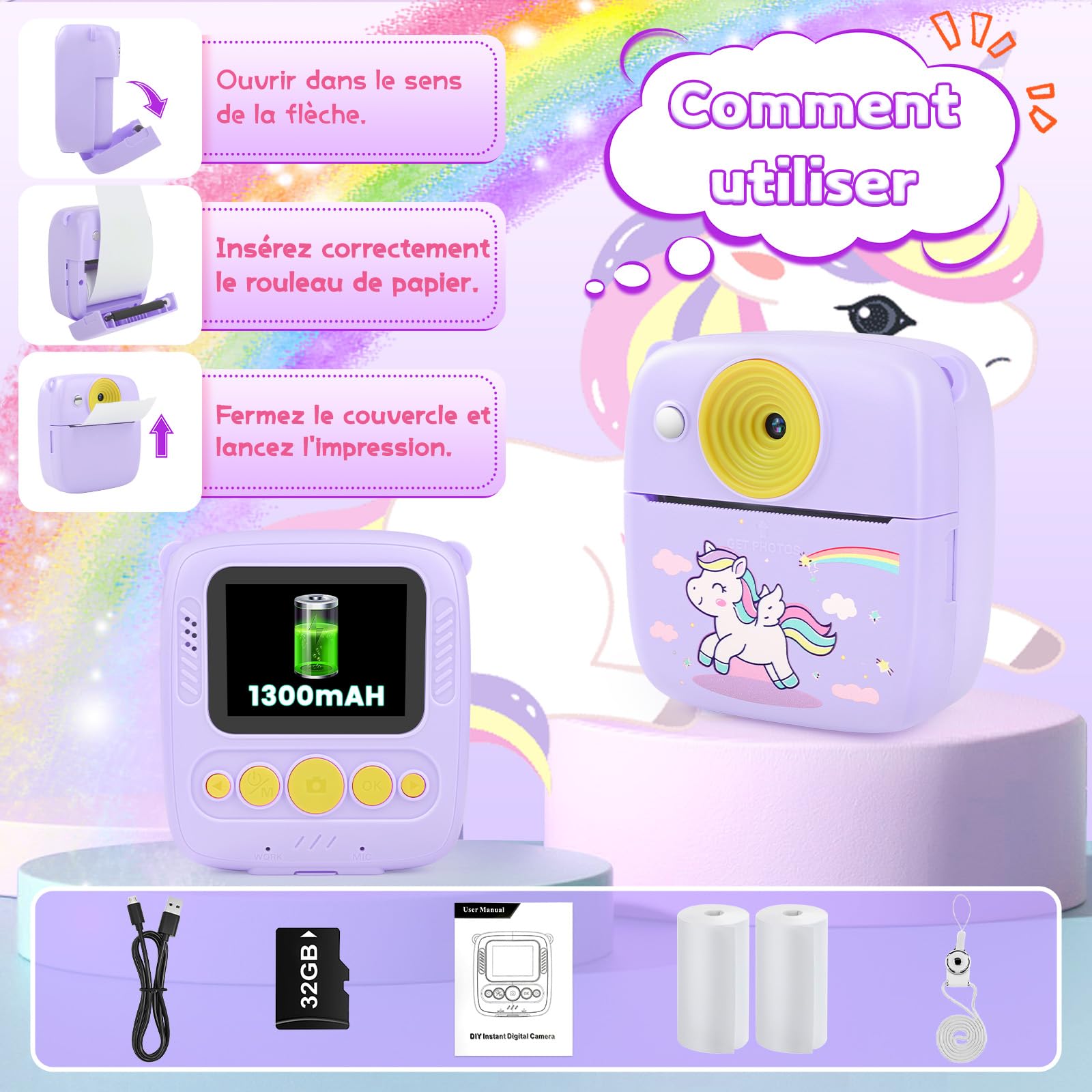 Aparat natychmiastowy dla dzieci, aparat natychmiastowy 48 MP dla dzieci z kartą 32 GB i papierem do drukowania, aparat cyfrowy dla dzieci 1080P, prezent dla chłopców - fioletowy