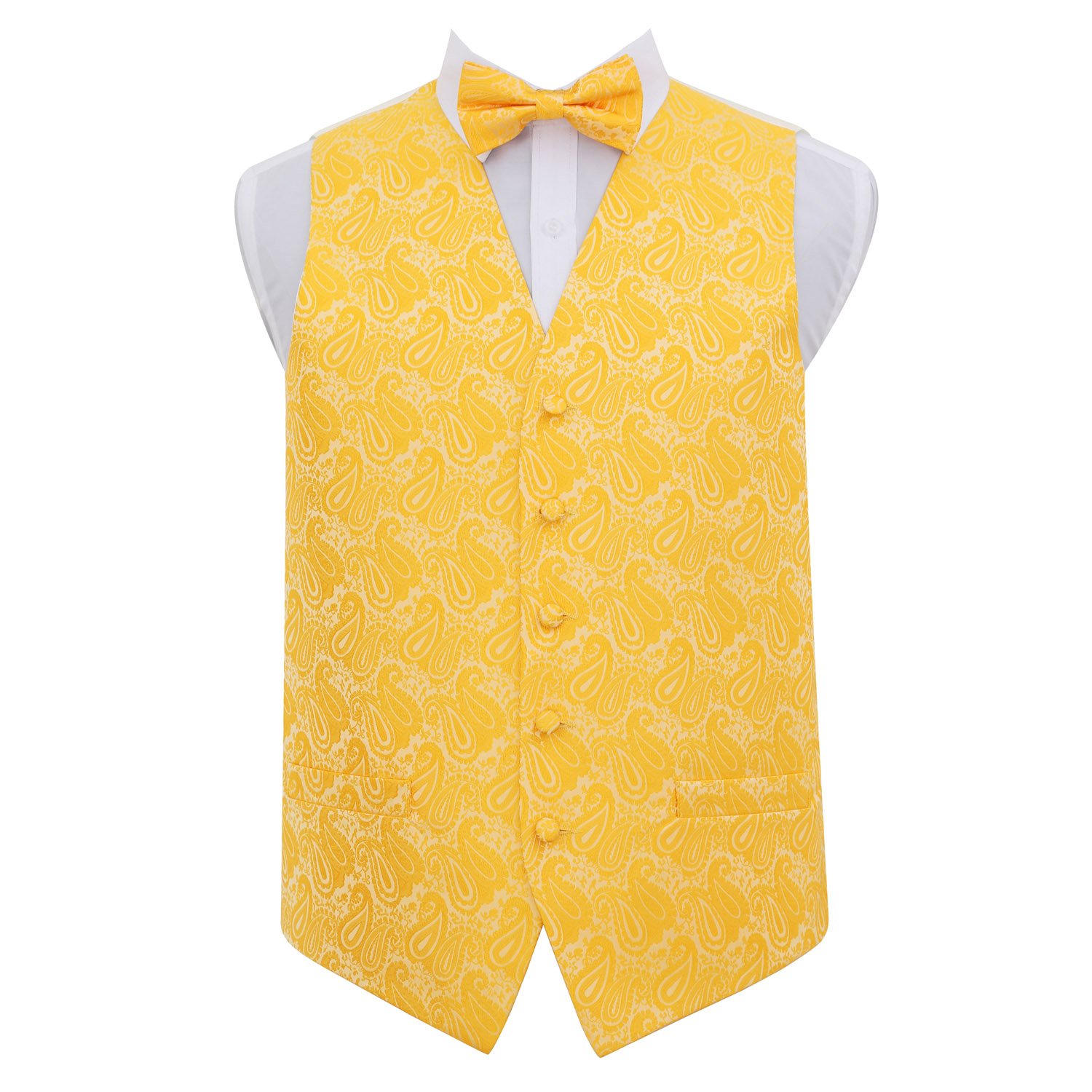 Dqt Men's Gold ’S Paisley Floral Wedding Waistcoat Vest & Bow Tie Set – Groom Formal Suit – 44" (2Xl)