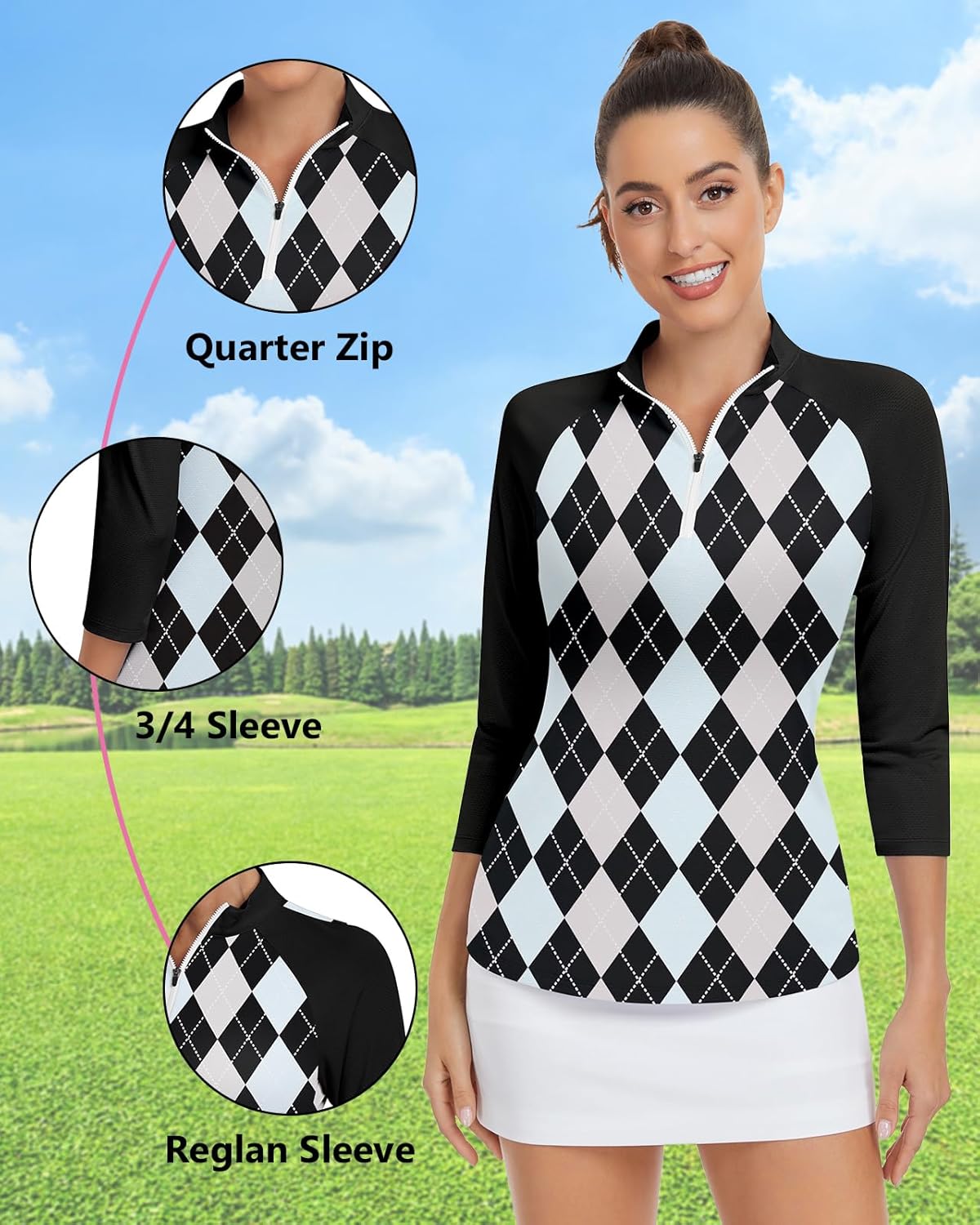 Soneven Womens 3/4 Sleeve Shirt UPF 50+ Moisture Wicking Golf Polo Shirt for Casual Work - Image 4