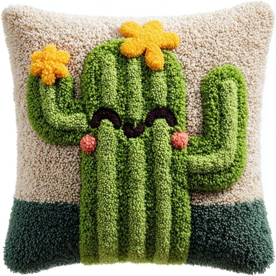 ZUHK Latch Hook Kits for Adults/DIY Pre-Printed Craft Latch Hook Pillow Kits fit for Throw Pillow Cover Sofa Cushion Cover,17x17 in (Cactus) — image 1