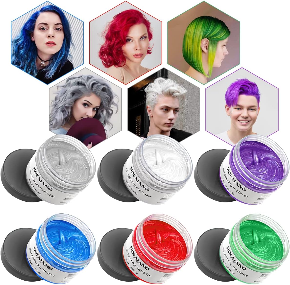 Temporary Hair Color Wax, Hair Paint Wax 4.23oz, Natural Disposable Fashion Hair Styling Clays Ash for DIY, Party, Halloween, Christmas (6 Colors)