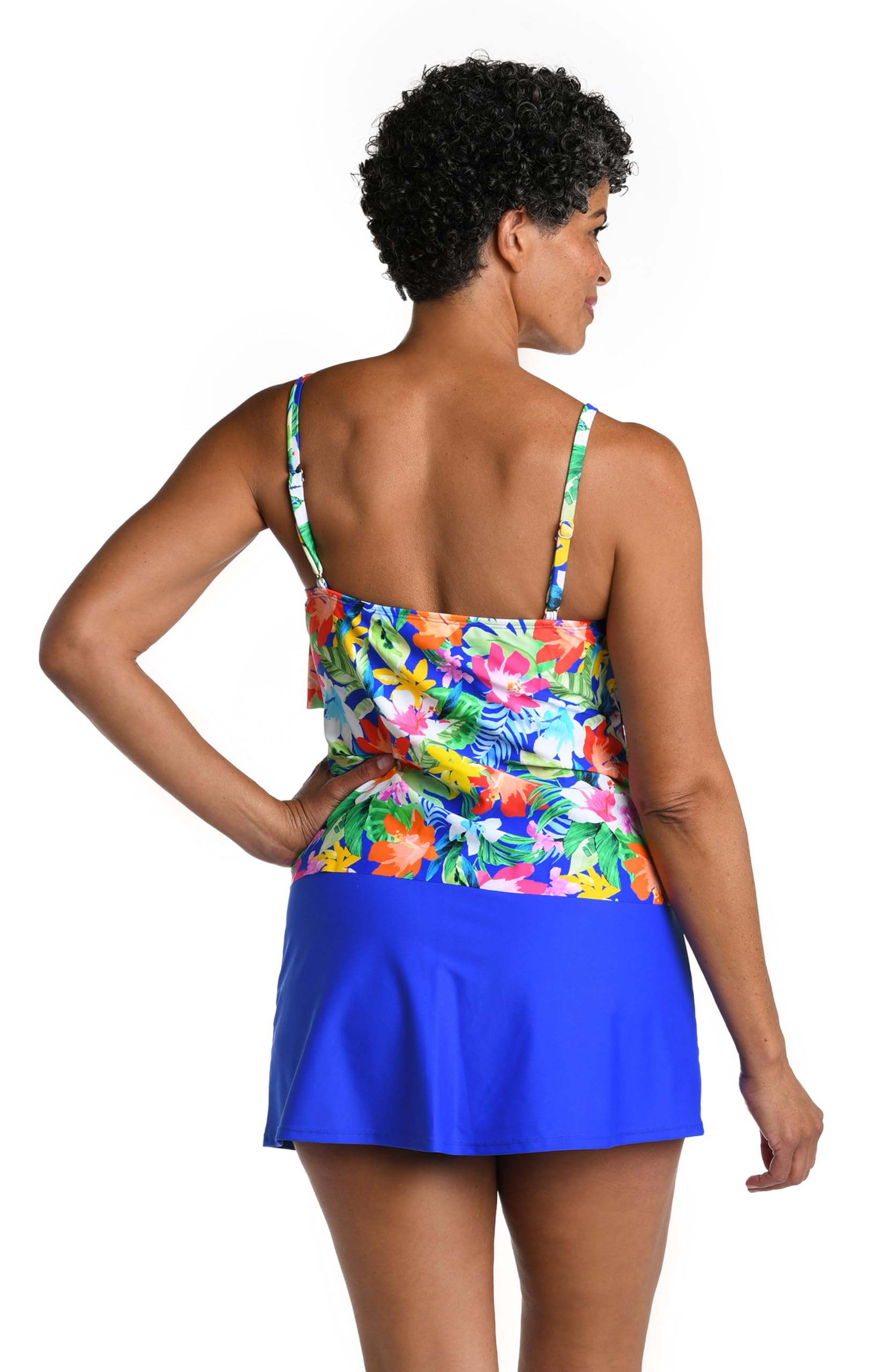 High Neck Maxine Of Hollywood Plus Size Ruffle Swimsuit Top - Black Palm Print, Adjustable Straps Bandeau Tankini